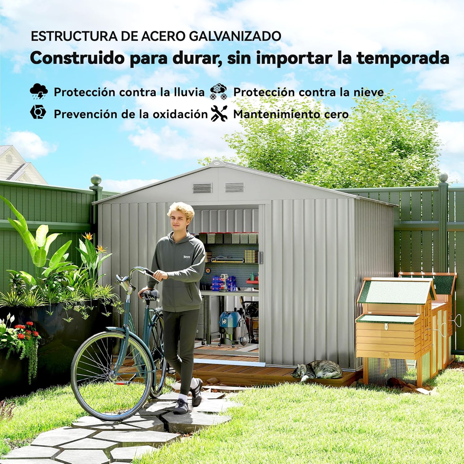 Outsunny - abri de jardin 4,9 m², 277x195x192 cm, porte coulissante, ventilation, kit fondation