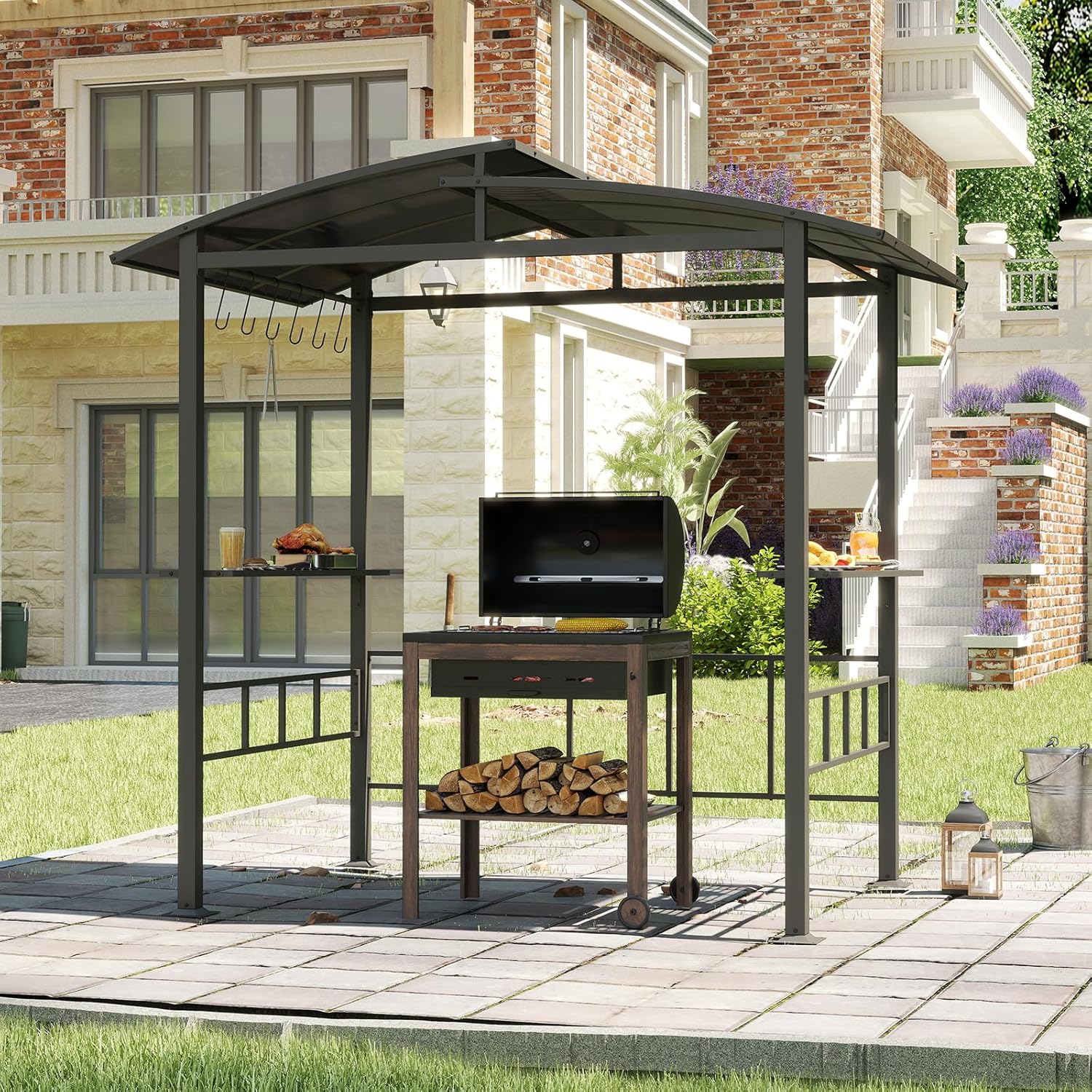 GOPLUS Tonnelle de Barbecue avec Toit Double en PC Ventilé, Étagères Latérales, Crochets, Abri de Barbecue Résistant aux Intempéries, pour Fêtes, Pique-Nique, Patio, Jardin, 248X150X232 CM