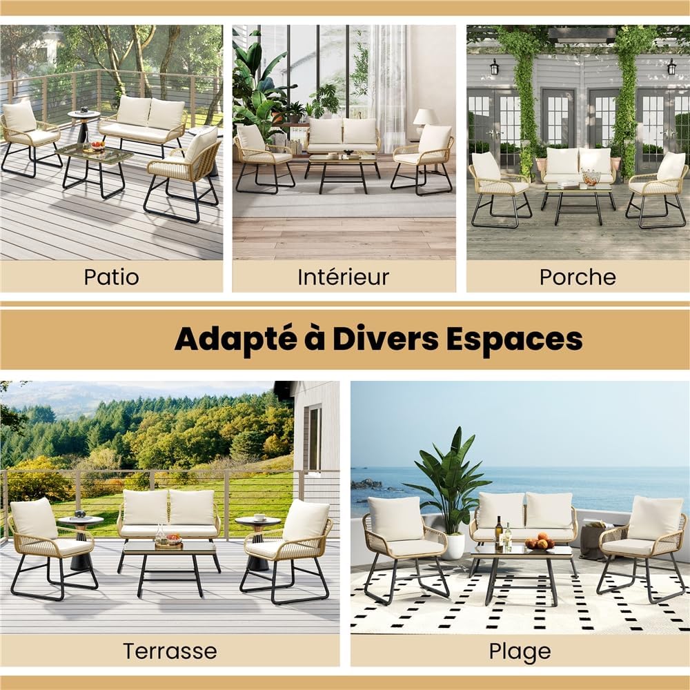 Yaheetech - salon de jardin 4 places - canapé, fauteuils, table, bohème
