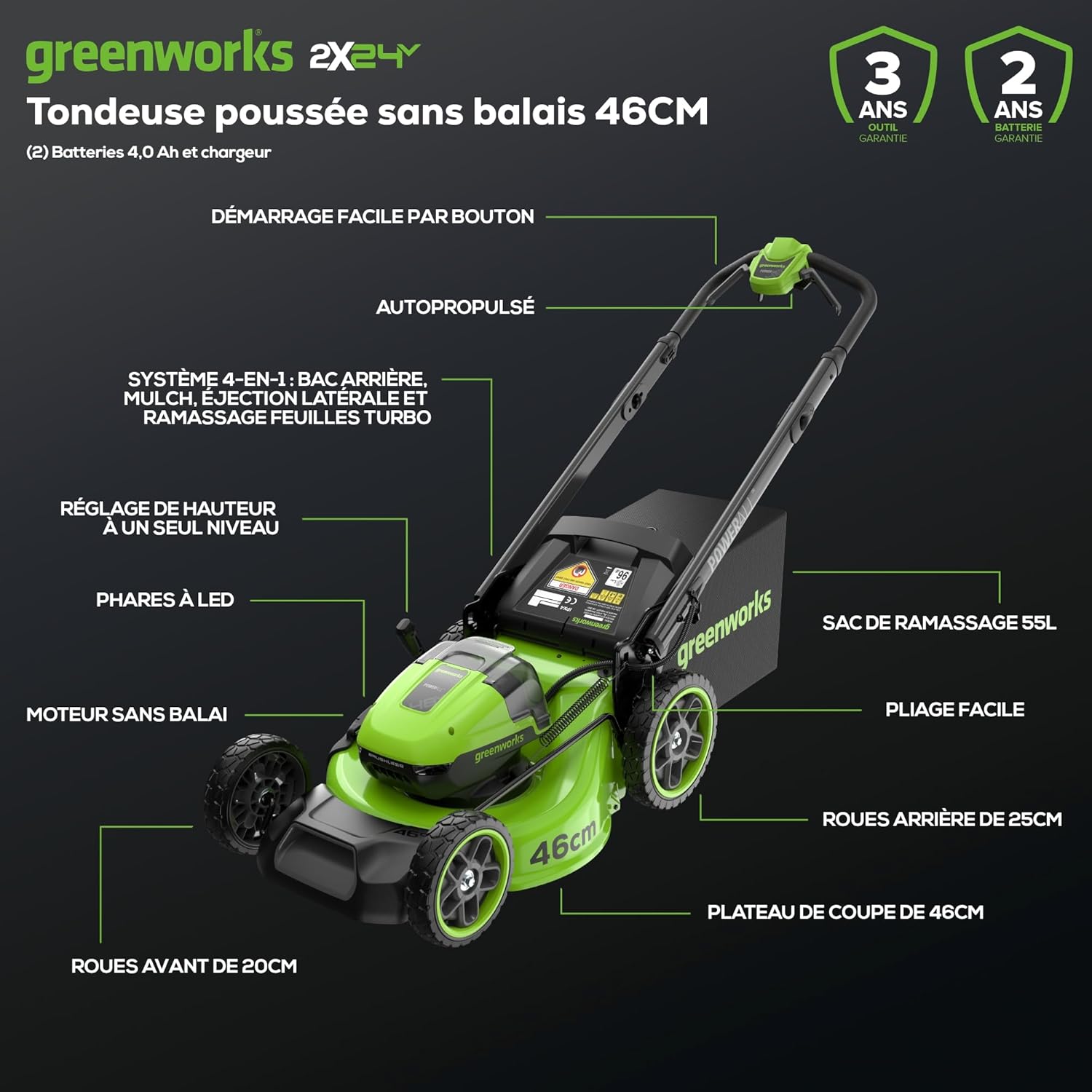 Greenworks 48V (24V x 2) Tondeuse Gazon Batterie sans Fil Autopropulsée, Largeur de Coupe 46cm, Sac 55L, Tondeuse Electrique Gazon Inclus 2 X 24V 4Ah et Chargeur Double, Garantie 3 Ans, MO48L424-01