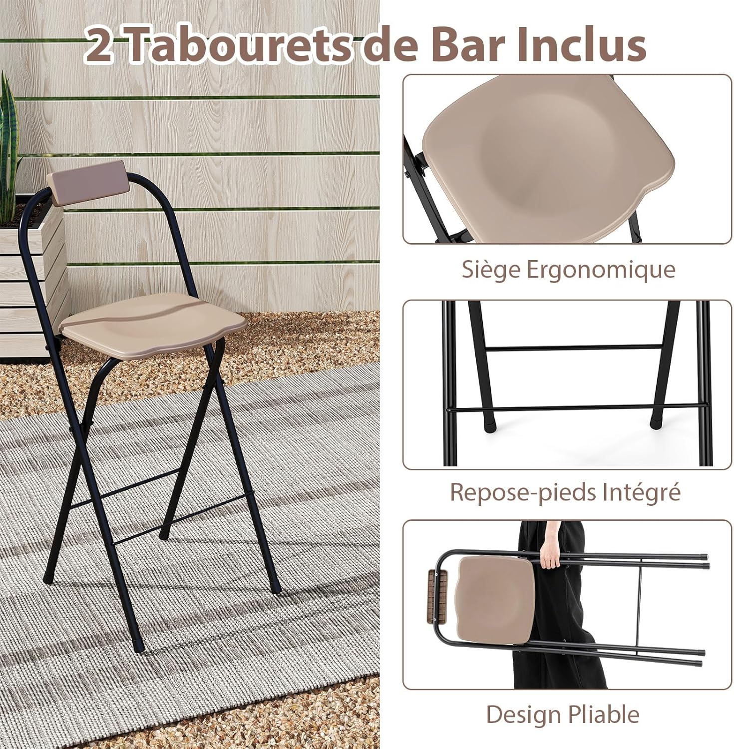 COSTWAY - Tonnelle barbecue extérieur 3 pcs, table bar, 2 chaises pliables, double toit, métal, marron