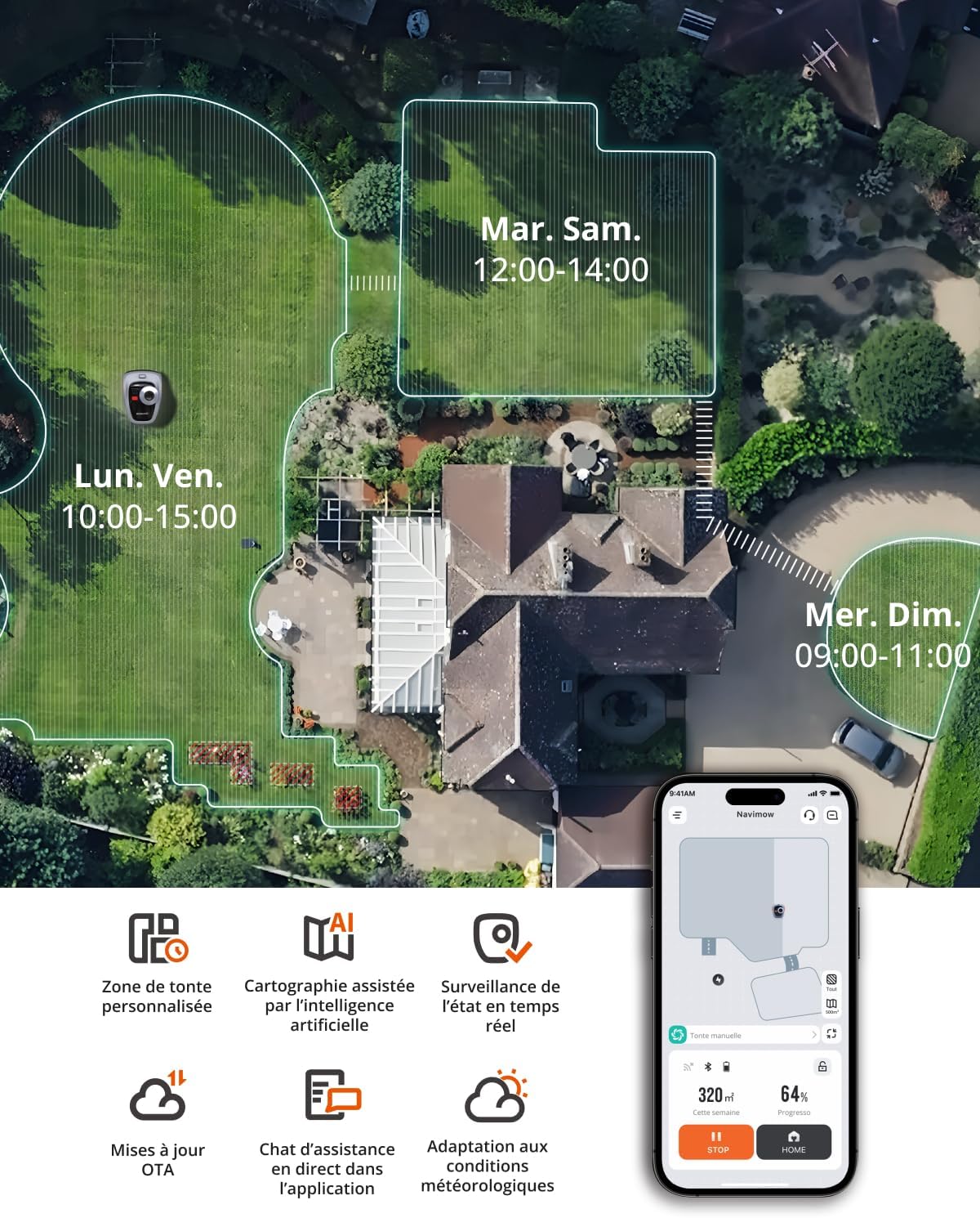 Segway - Navimow i105E - 500/600m² - tondeuse robot, RTK+Vision, multizone, IA, limite virtuelle, i105E