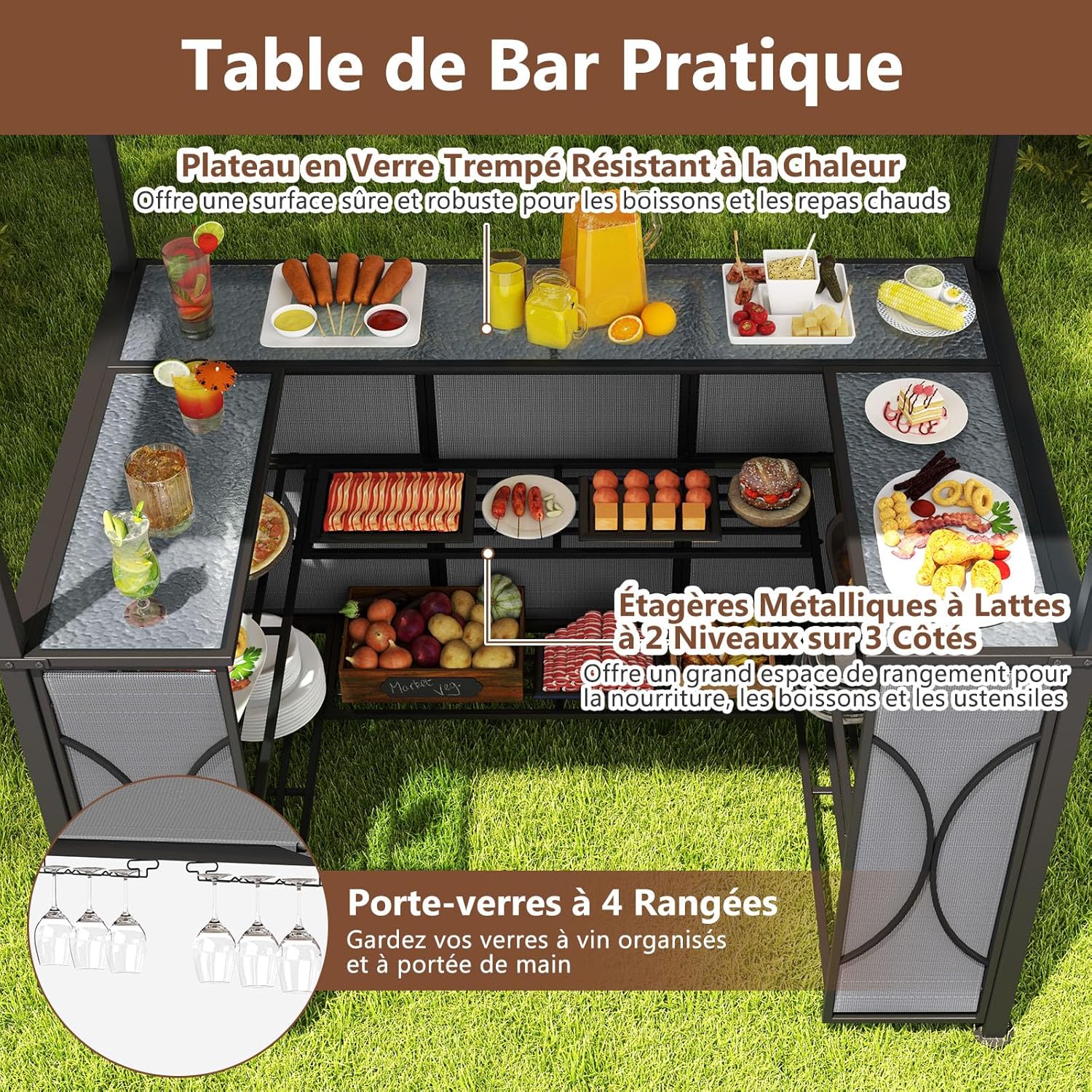 COSTWAY - tonnelle barbecue série avec tabourets, métal, 194x121x242 cm, gris