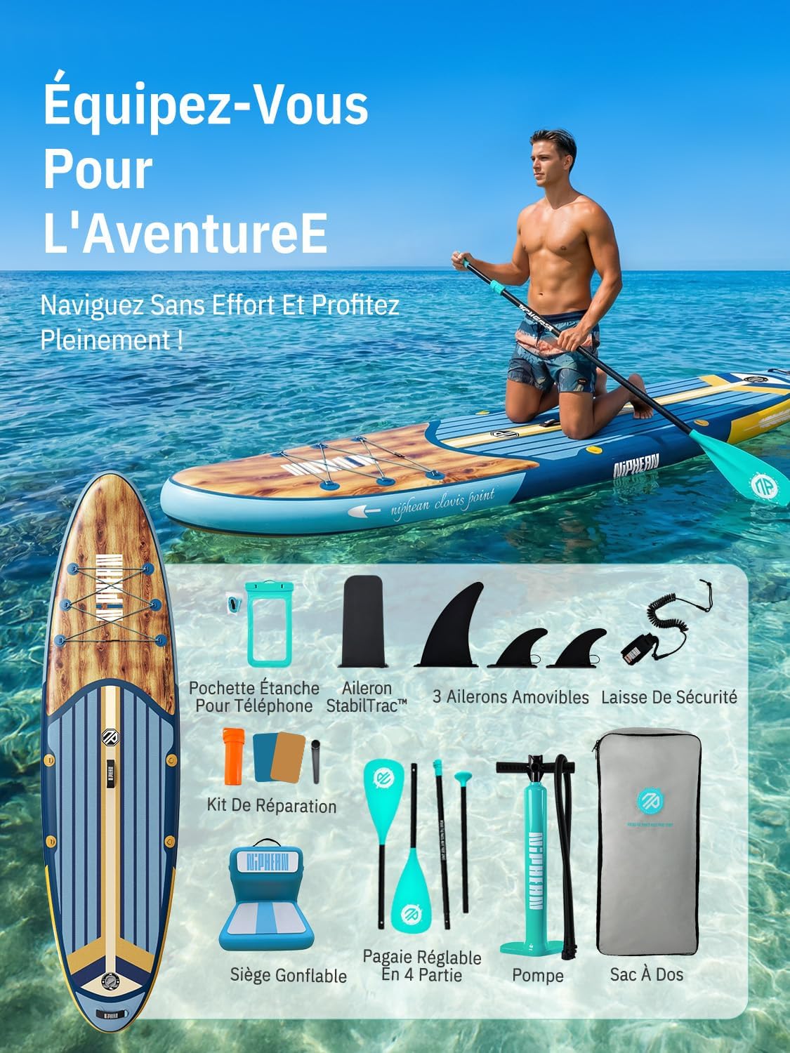Niphean Paddle Gonflable Adulte avec Tous Les Accessoires, 320cm Planches de Stand Up Paddle Gonflables pour Tous Les Niveaux, Sup avec Capacité 200 kg pour 2 Personnes, Paddle Gonflable avec Siège