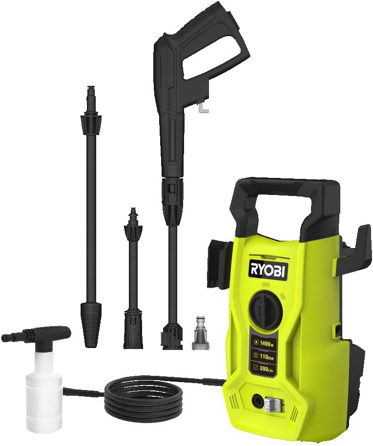 RYOBI - Nettoyeur Haute Pression 1400 W - 110 Bars - 390 L - Flexible 5 m PVC - Lance Vario - Lance Turbo - buse détergent 0,35 L - RY110PWA