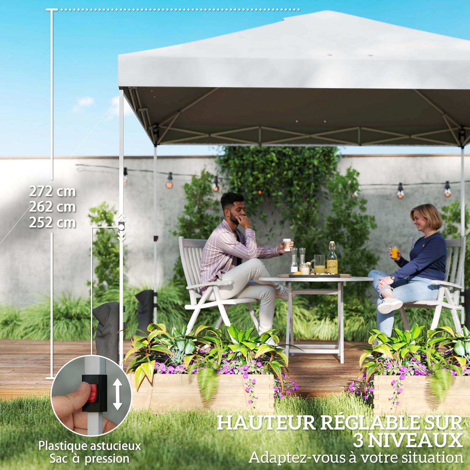 Outsunny Tonnelle de Jardin 3 x 3 m Pop up Tente Pliante Hauteur réglable Protection UV50+ tonnelle Pliante avec 5 Poches 4 Sacs de Sable Sac de Transport à roulettes Montage Facile à 1 Bouton Blanc