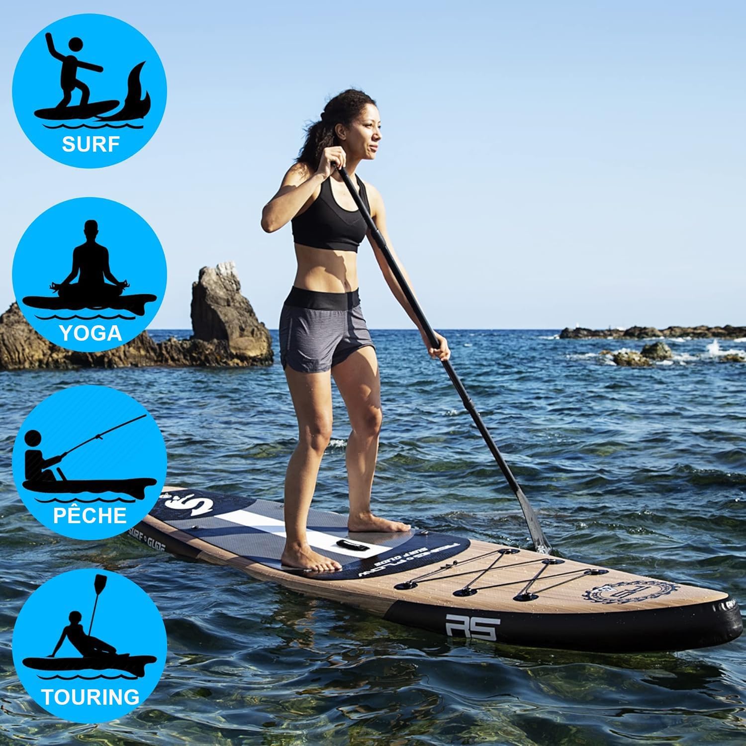 SereneLife Stand Up Paddle Gonflable Adulte 6” – Planche de Paddle avec Accessoires Sup, Sac de Transport, Pont Antidérapant, pour Mer, Lac, Rivière