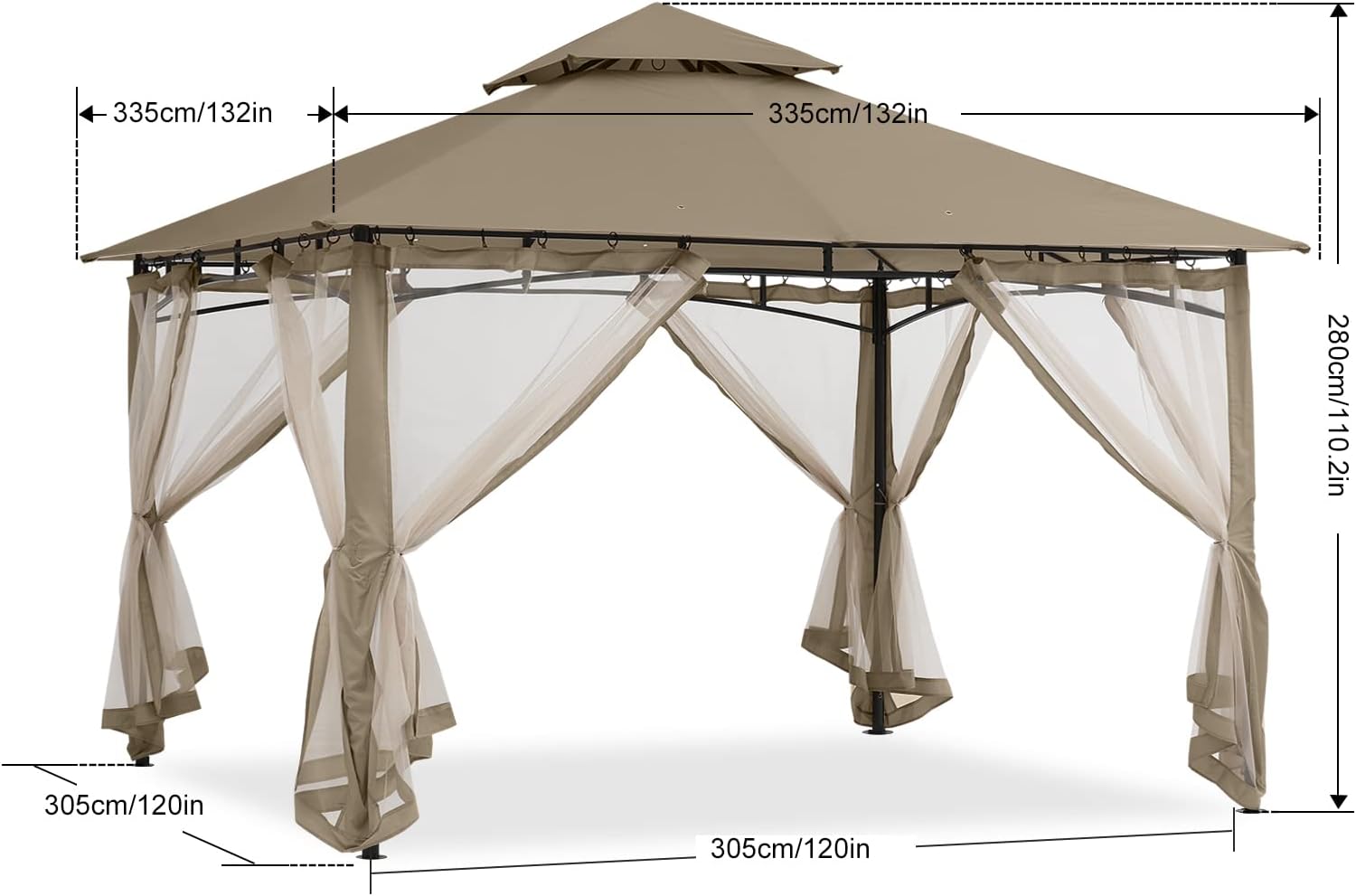 ABCCANOPY - Pavillon terrasse série double toit - 3,35x3,35m - Filet ombrage, résistant pluie, coloris kaki