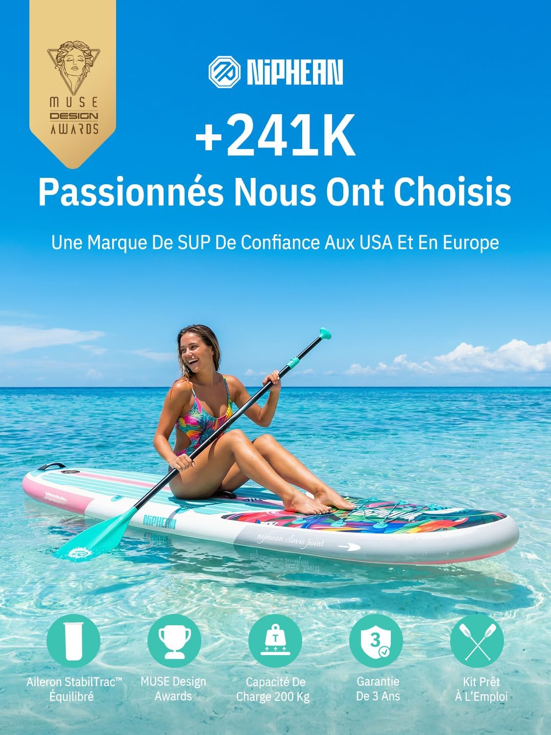 Niphean Paddle Gonflable Adulte avec Tous Les Accessoires, 320cm Planches de Stand Up Paddle Gonflables pour Tous Les Niveaux, Sup avec Capacité 200 kg pour 2 Personnes, Paddle Gonflable avec Siège