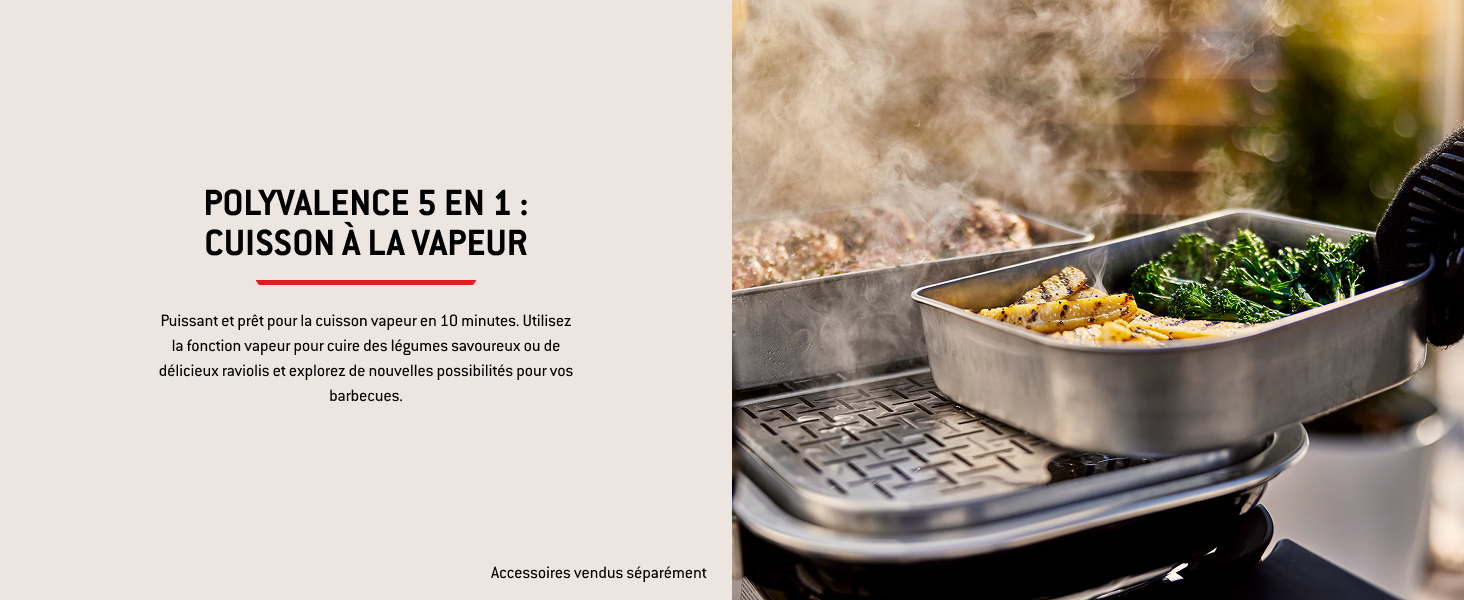 Le texte se lit comme suit : « POLYVALENCE 3 EN 1 CONSERVER LA CHALEUR ». Image divisée montrant un texte de cuisson et un récipient en acier inoxydable contenant de la nourriture.