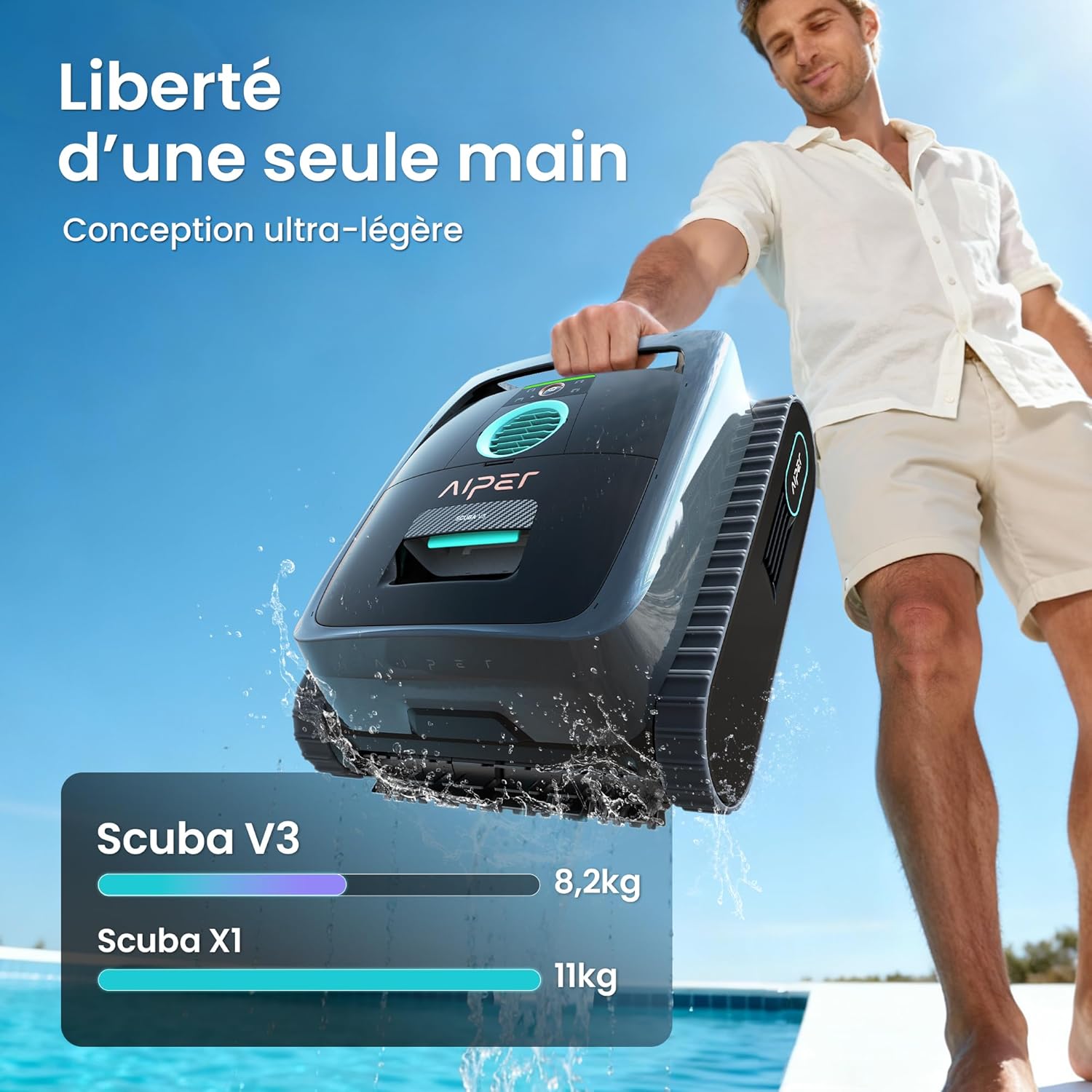 AIPER - Scuba V3 - 200 m² - Robot piscine IA, sans fil, filtre 3μm, fond et parois V3