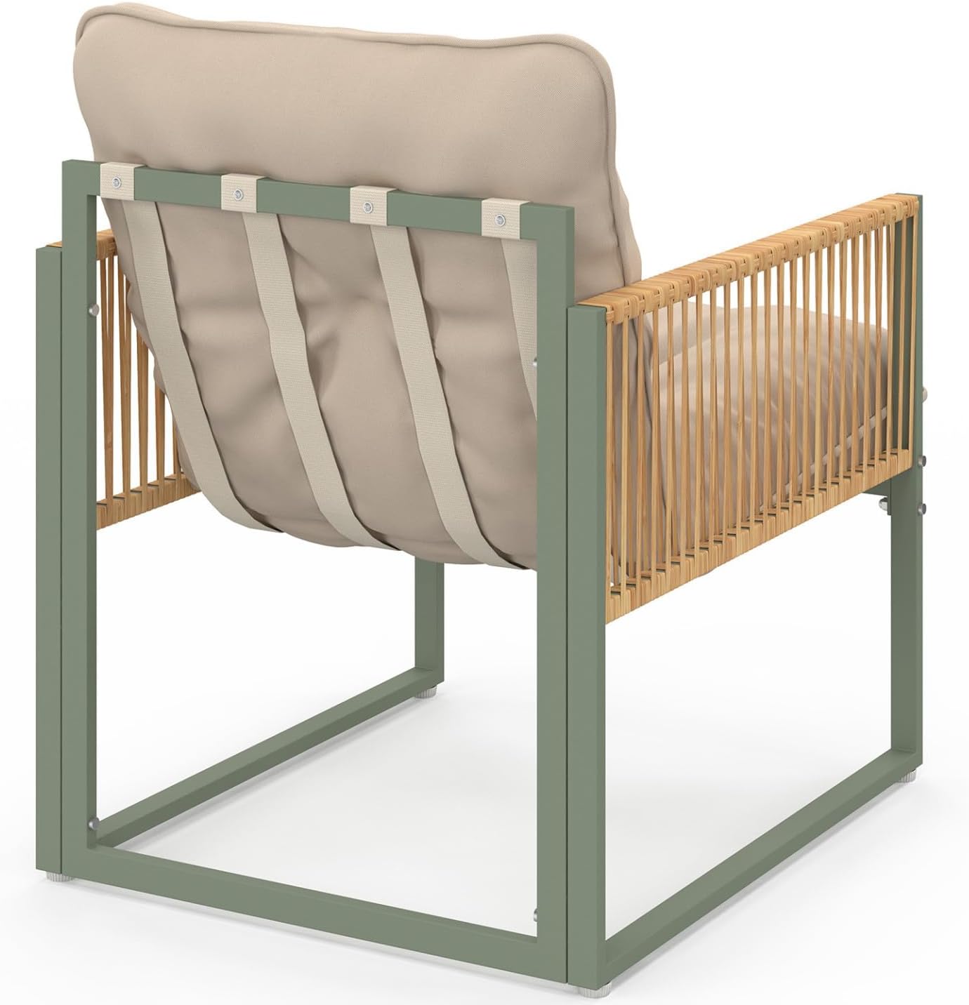 IDMarket - Rio - salon bas 4 places métal vert, cordage rotin, coussins beige
