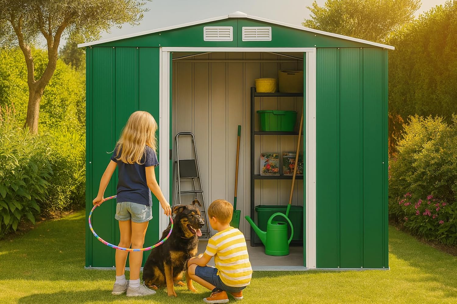 Duramax Abri de Jardin en Métal, Vert, 4.37 m², Abri de Stockage d'Outils, Toit Renforcé, Étanche et Sans Entretien