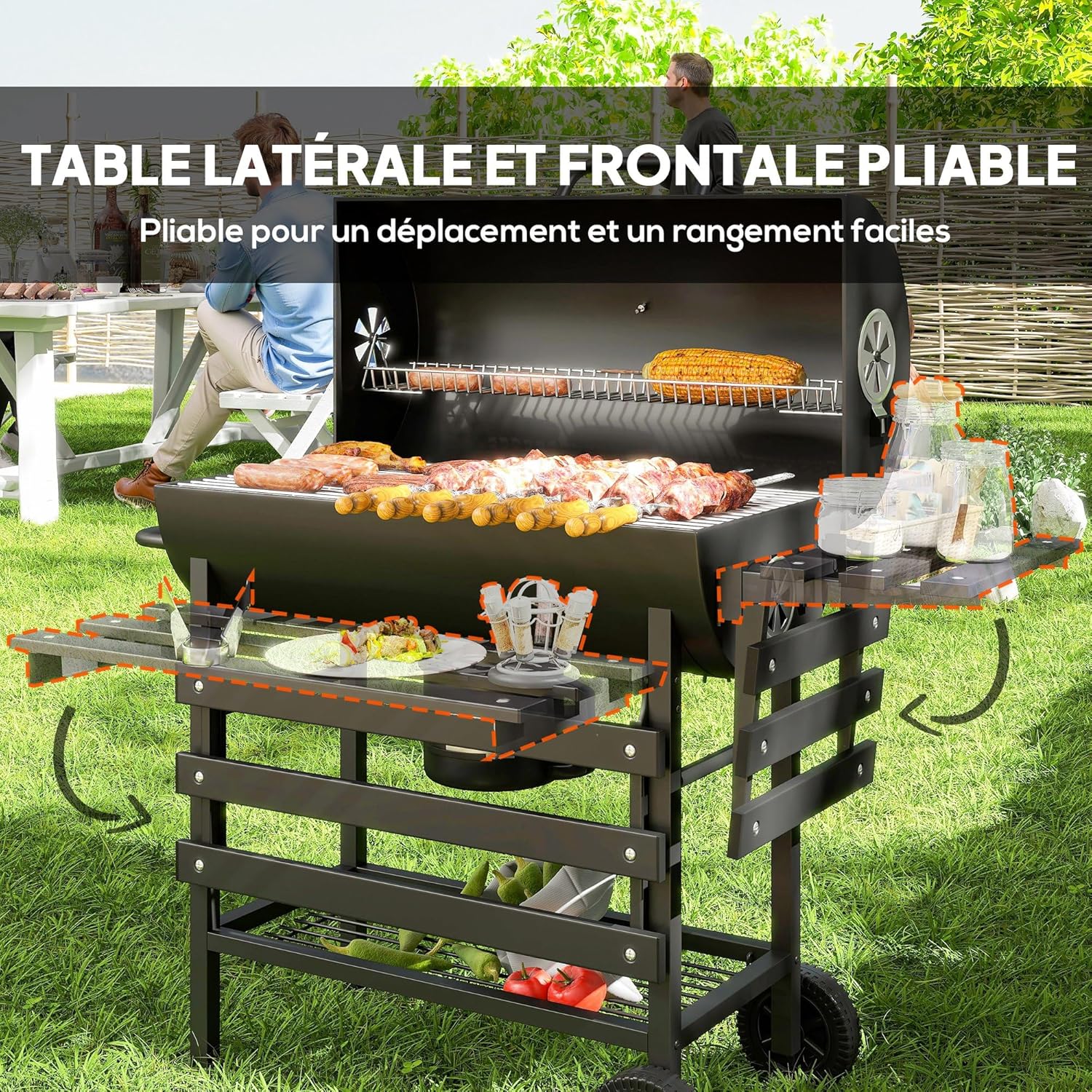 Outsunny - barbecue charbon de bois - grande taille - grille, couvercle thermomètre, roues, tablette pliable