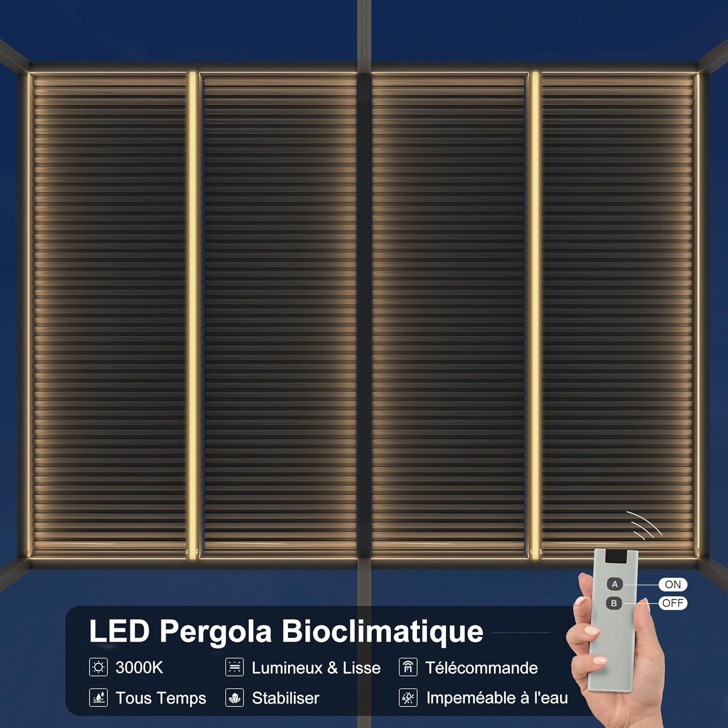 PURPLE LEAF - Pergola bioclimatique - 6 x 3,68 m - alu, LED, gouttières, gris