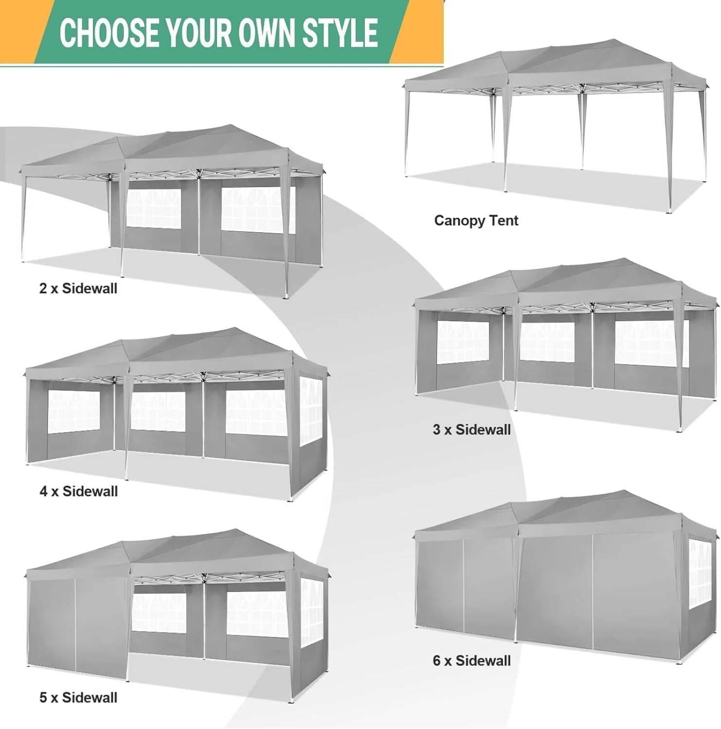 COBIZI - Tonnelle pliante 3x6m - étanche, 6 parois, anti-UV, gris