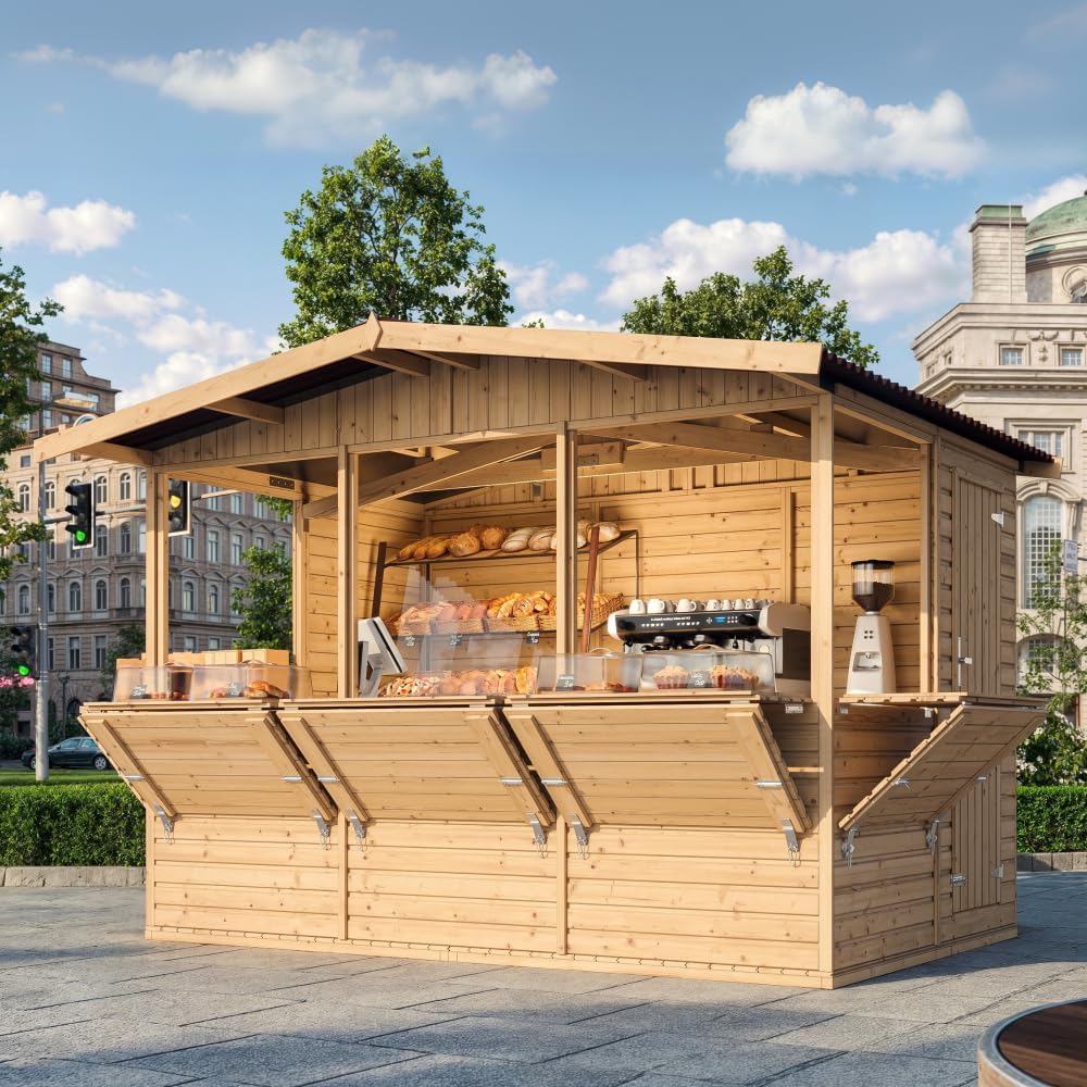 TIMBELA Abri de Jardin en Bois M150B – Kiosque Bois - Stand Marché avec 5 Fenêtres, L336xP263xH232 cm / 6 m², Facile à Monter et à Démonter, Bar Jardin