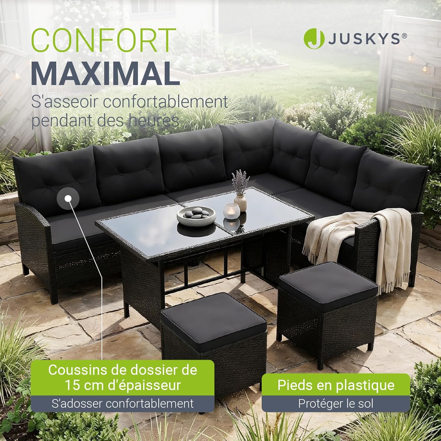 Juskys - Manacor Lounge 7 places, polyrotin noir, table, tabourets, coussins gris