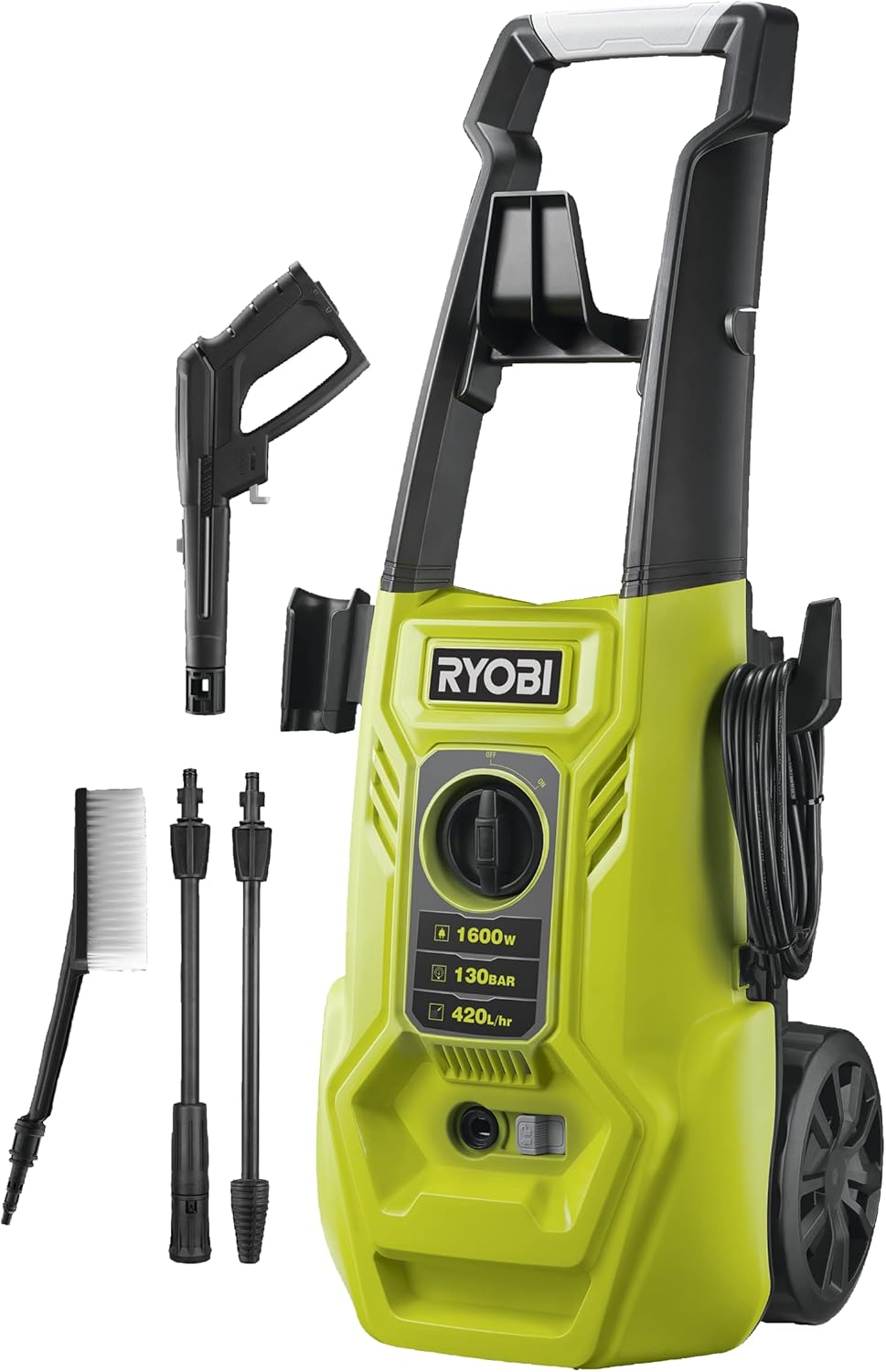 RYOBI - Nettoyeur haute pression série RY - 1800W, 130 bars, 420L/h, flexible acier 5m, réservoir 0,9L, 2 lances, brosse