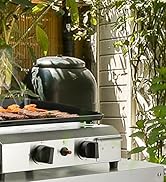 avec couvercle ouvert, cuisant les aliments sur des grilles. Construction en acier inoxydable avec commandes visibles, située dans un environnement de jardin.