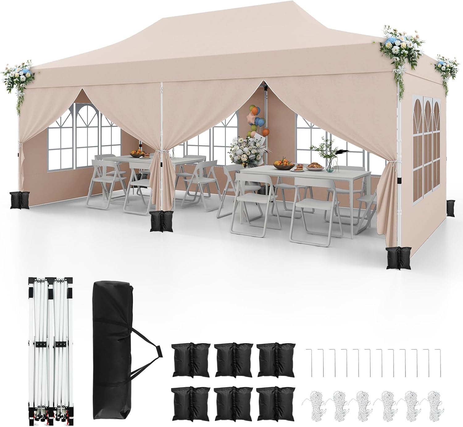 GOPLUS - Barnum pliant série jardin 3x6m, imperméable, sac transport, beige