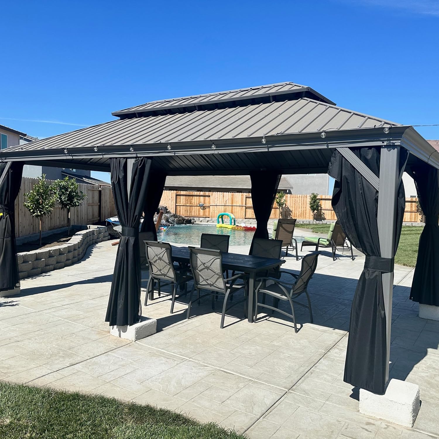 PURPLE LEAF - Pergola double toit aluminium 3,65x6m rideaux LED, Gris -