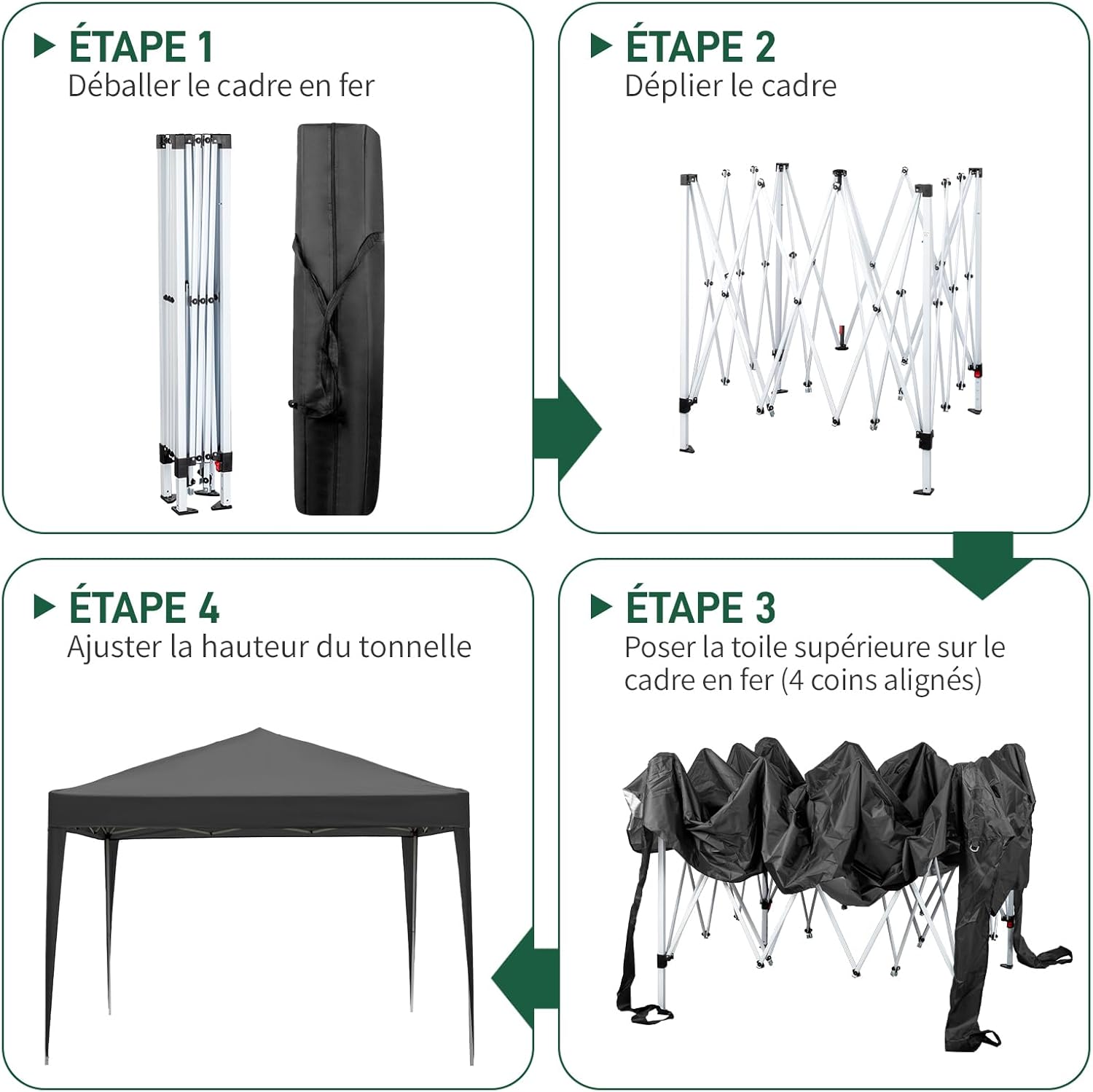 Leadzm - Tonnelle pliante 3x3m, hauteur réglable, UV50+, 4 côtés
