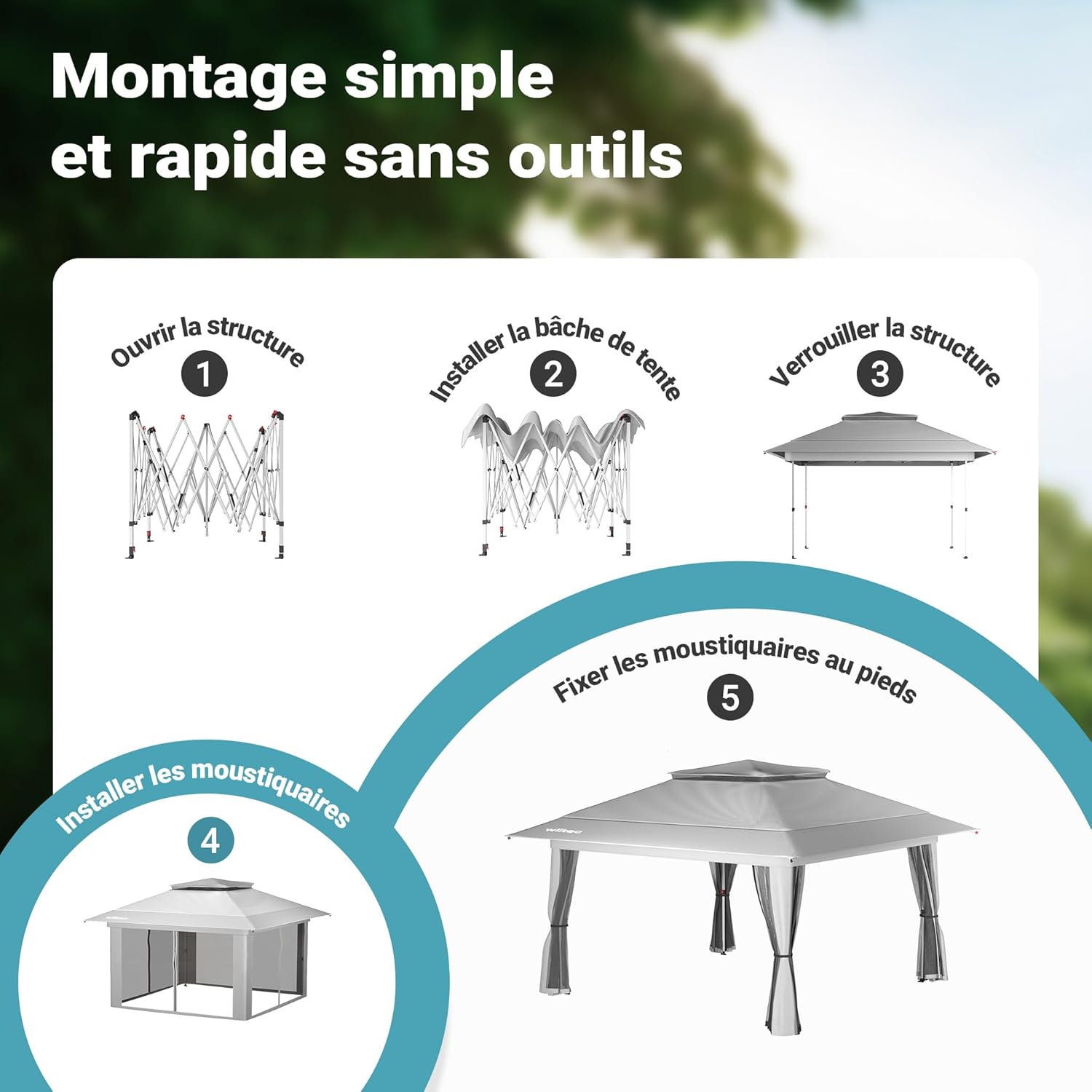 Wiltec - Pavillon pliant 4x4m - gris, moustiquaire, sac à roulettes