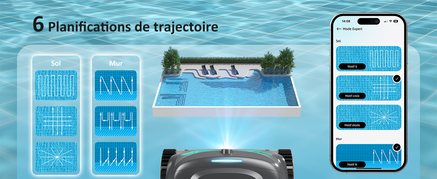 avec six options de planification de trajectoire affichées sur les écrans des smartphones et des images de la piscine, présentant différents modèles de nettoyage pour un entretien efficace de la piscine