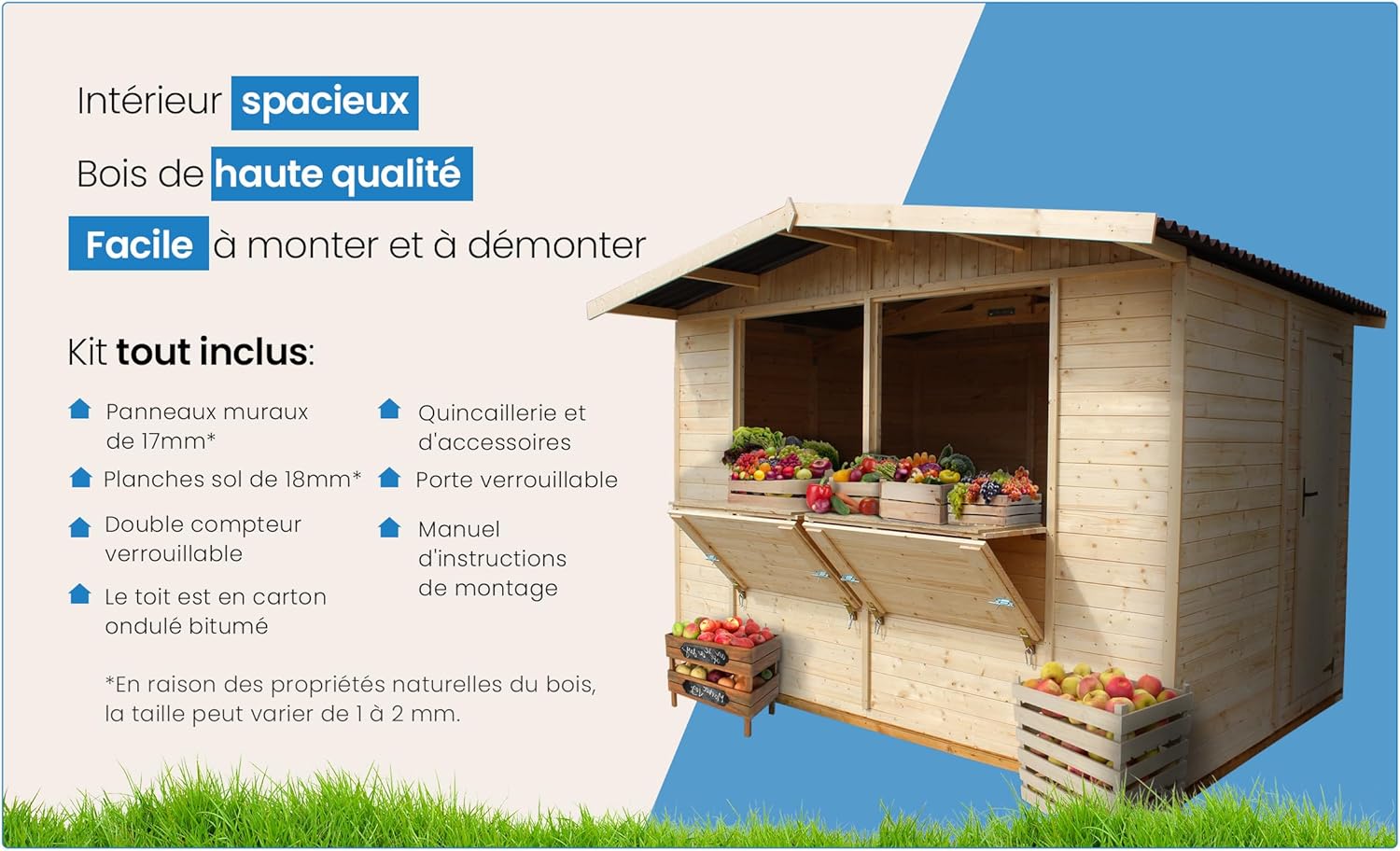 TIMBELA M150 Maison de Jardin en Bois – Étal de Marché avec Comptoir, L336xP263xH232 cm / 6 m², Facile à Monter et à Démonter, Bar Jardin, Abri Multifonctionnel