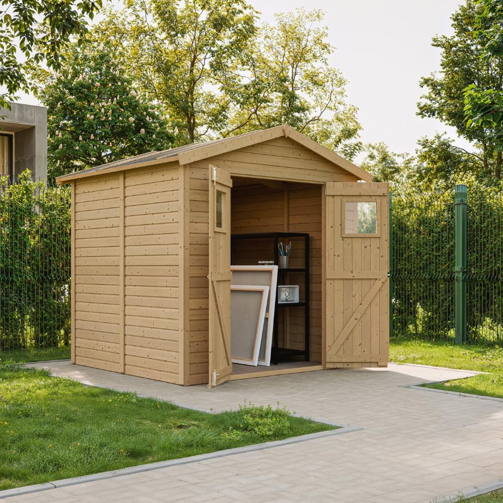 Abri de Jardin en Bois Naturel - Stockage extérieur avec fenêtres H228x222x233 cm/4,2 m² Hangar en Bois Naturel - Atelier Rangement Outils et vélos- TIMBELA M351