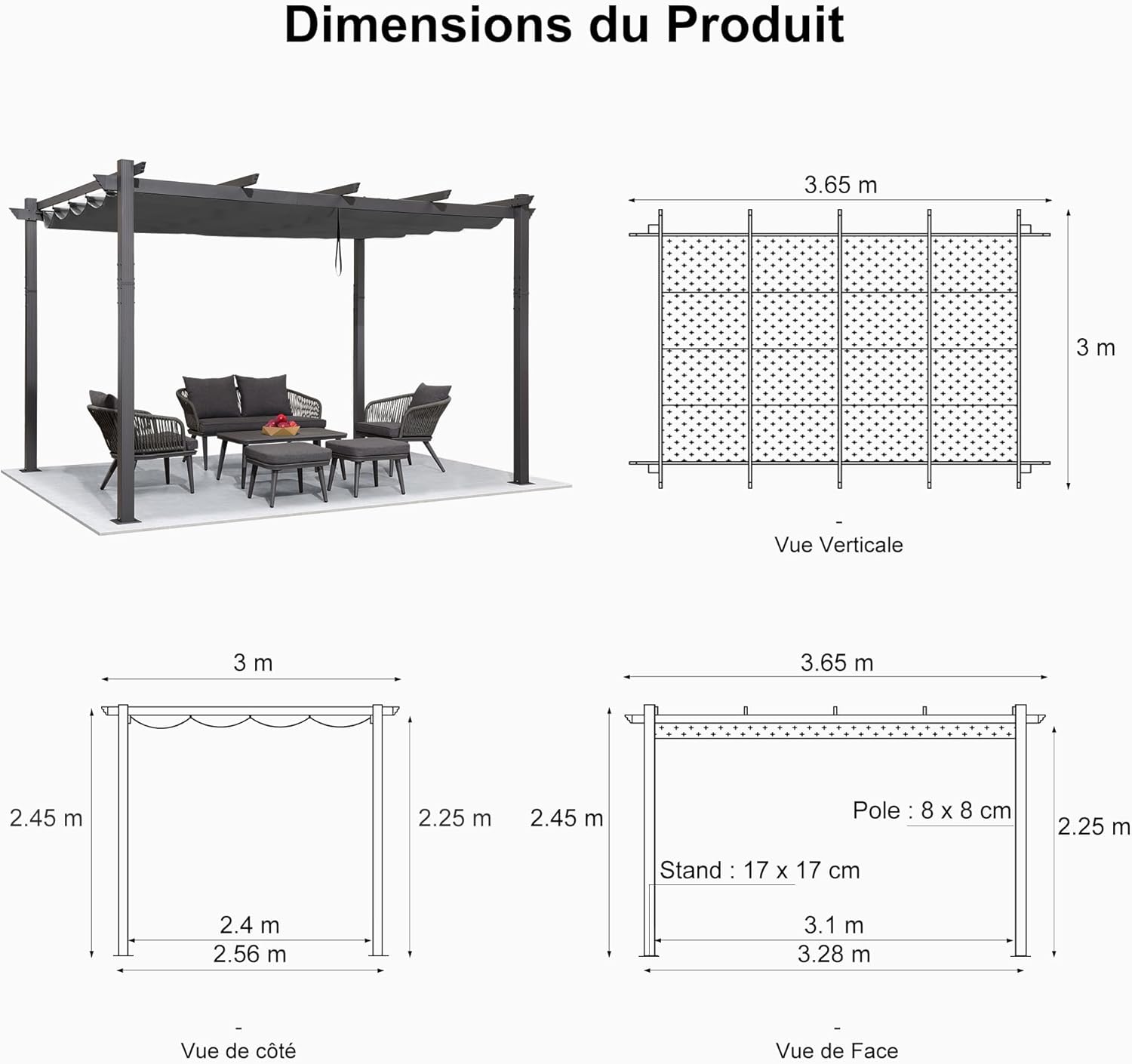 PURPLE LEAF - pergola aluminium - 3,65x3m - toit rétractable LED, tissu gris