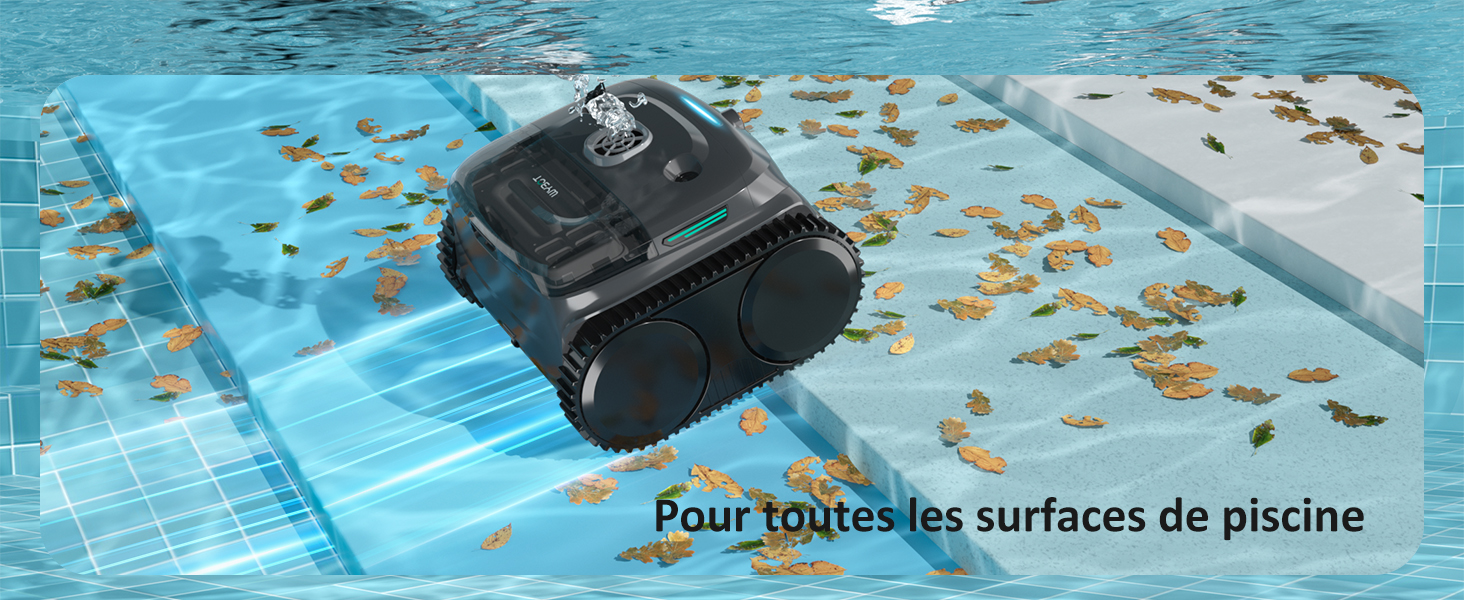 avec des marches sur le fond de la piscine, entouré de feuilles mortes. Le texte indique que c'est pour toutes les surfaces de piscine. L'appareil est noir avec des accents gris.