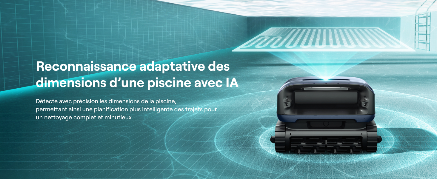Le texte indique « Reconnaissance adaptative des sourcils - Des sourcils plus polis avec la » avec l'image d'un dispositif étanche noir à la surface de l'eau sur fond géométrique bleu.