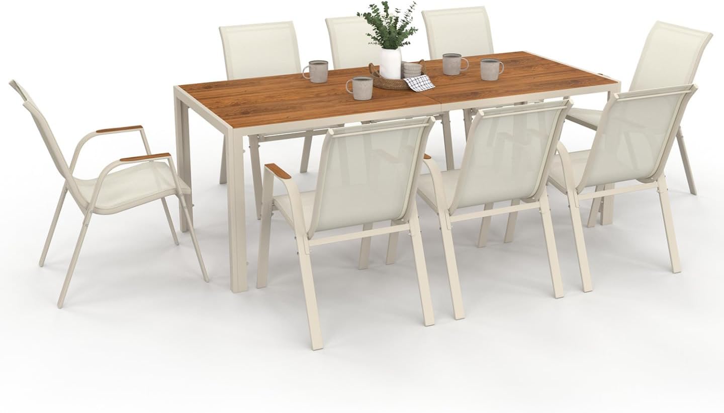 IDMarket - Noumea Salon jardin 190 cm verre-bois, 8 chaises empilables