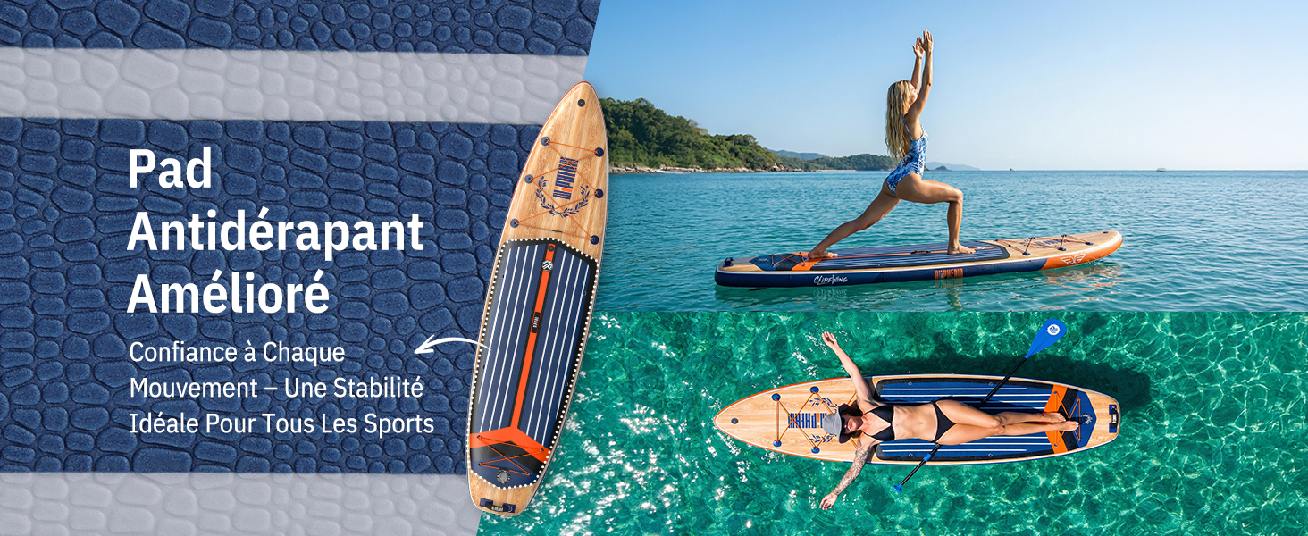 Le texte se lit comme suit : « Pad Antidérapant Ameliore » avec du texte français supplémentaire en dessous. L'image du produit montre un tapis antidérapant bleu avec une bouteille et une scène de plage/d'eau montrant une personne sur un paddleboard.