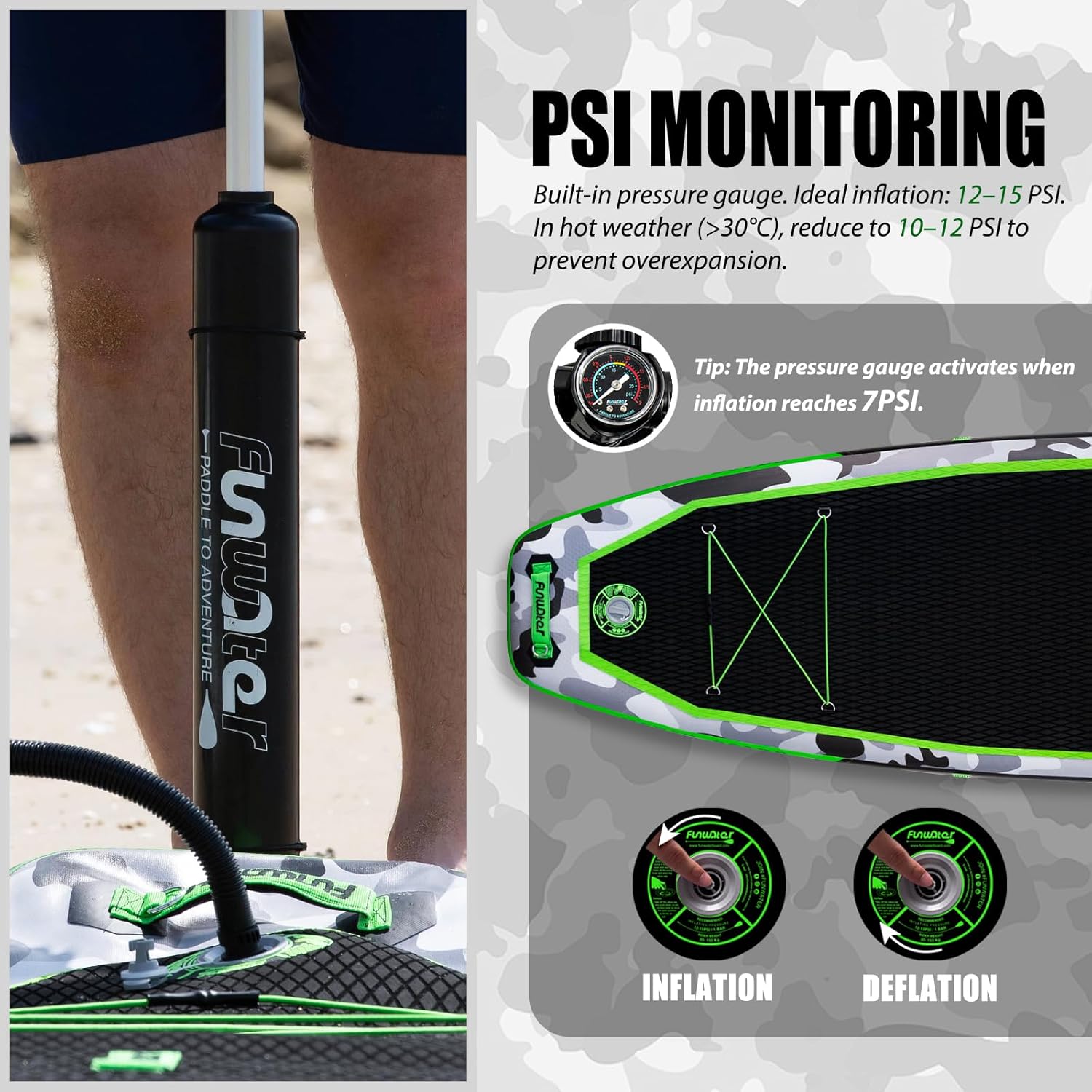 FunWater Planche de stand up paddle gonflable de 330 cm - Kit complet avec pagaie, sac à dos, étui pour téléphone portable, 3 palmes, pompe, siège et bandoulière - Planche de SUP pour débutants et