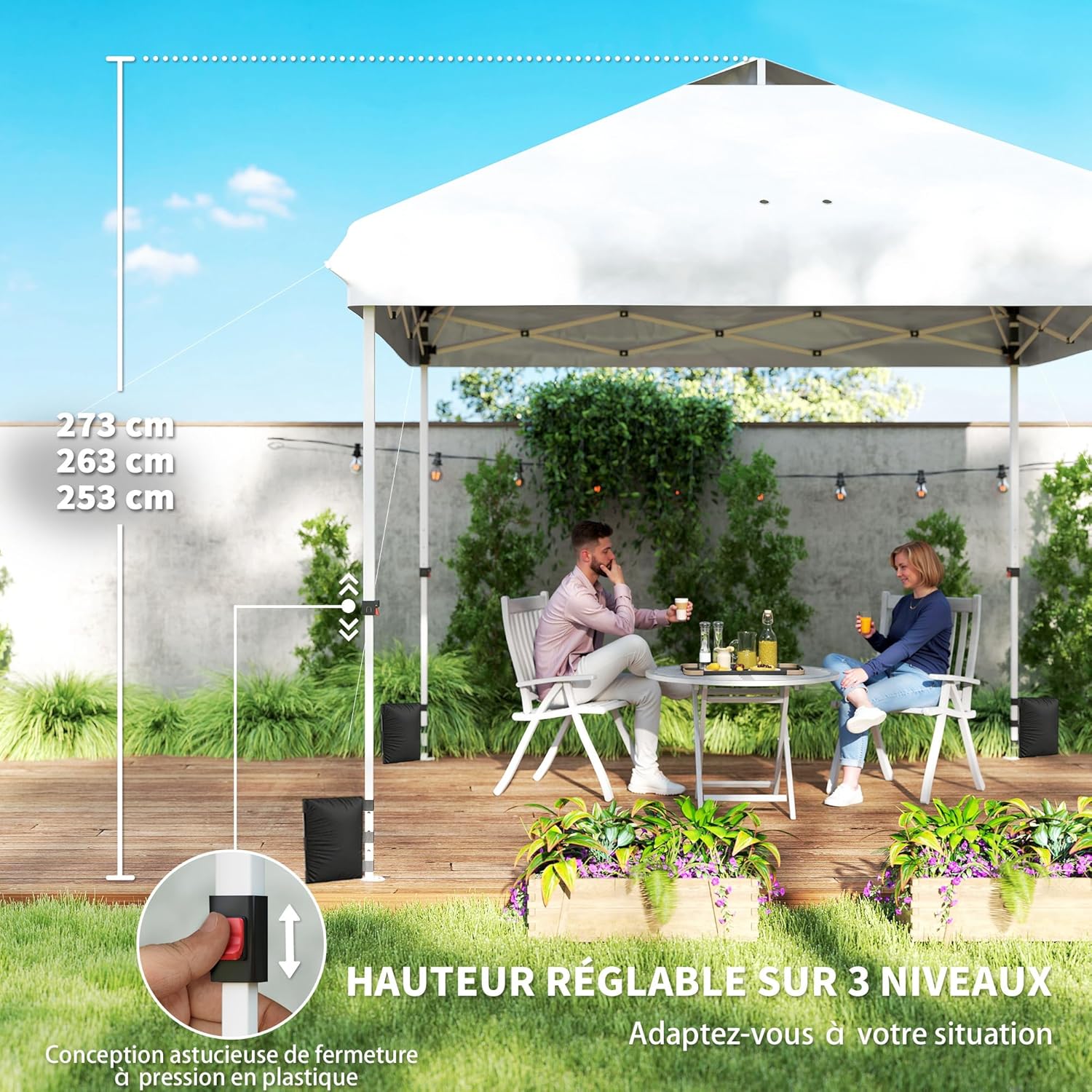 Outsunny - Tonnelle Pliante Pop-up - 3x3m - UPF50+, Hauteur réglable, Blanc