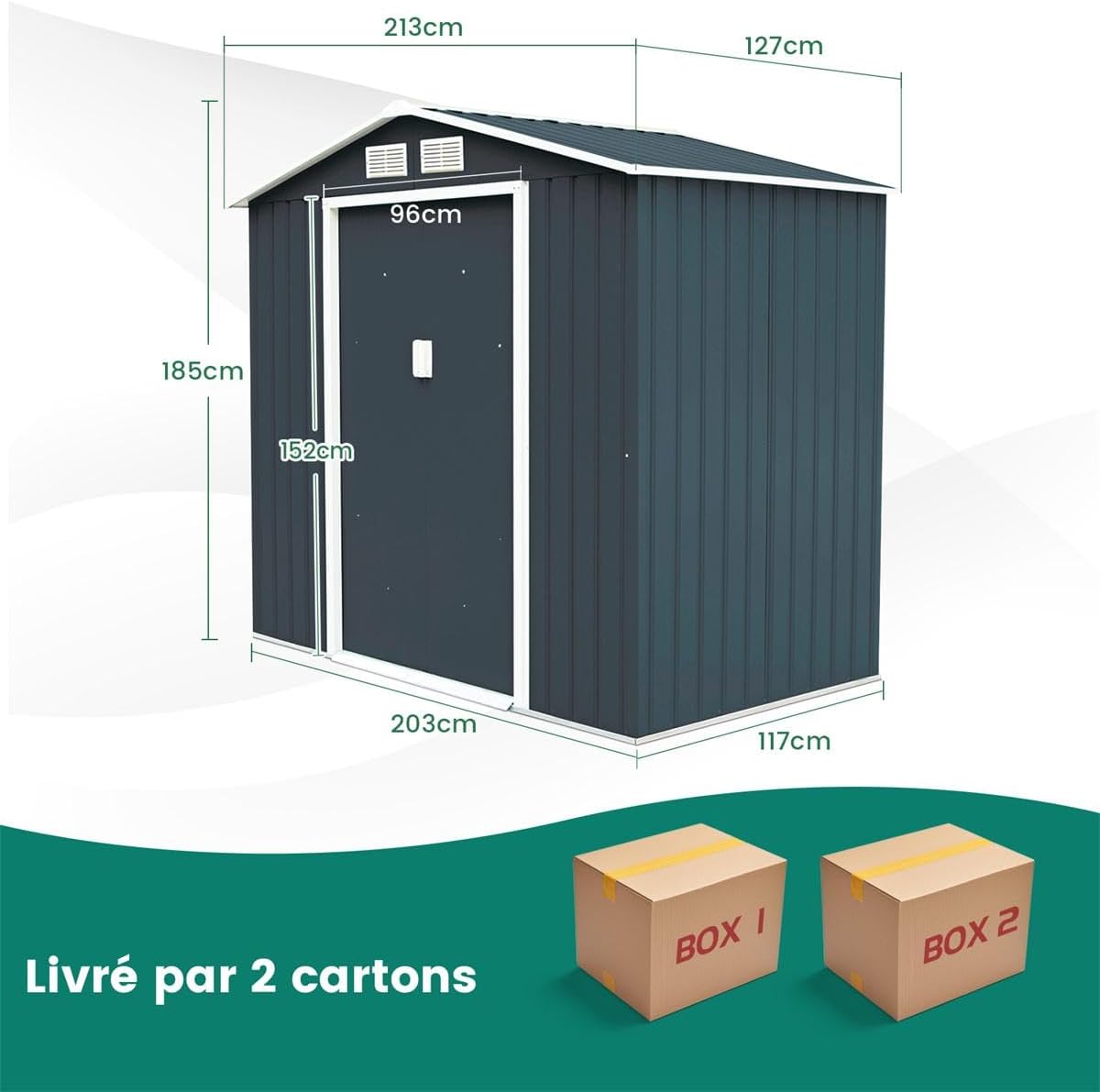 RELAX4LIFE - abri de jardin série acier - 213x127x185 cm - 2 portes coulissantes, 2 fenêtres, 3m² - RELAX4LIFE