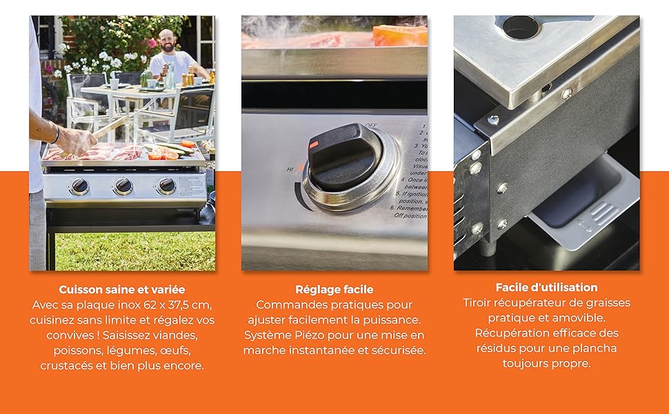 Plancha Cadix 3 feux Plaque inox Brasero