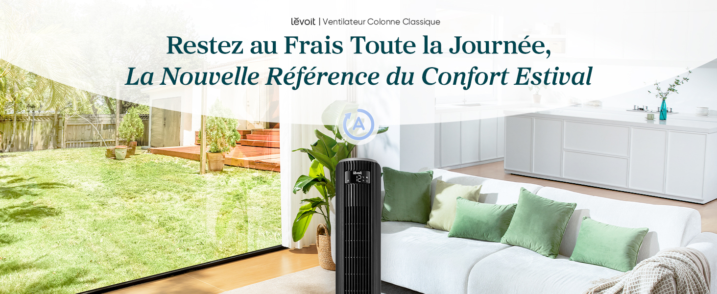Le texte se lit comme suit : « Restez au Frais Toute la Journée, La Nouvelle Référence du Confort Estival ». Image divisée montrant les détails du mobilier d'extérieur ci-dessus et le décor de la terrasse ou du patio avec une pelouse verte en dessous.