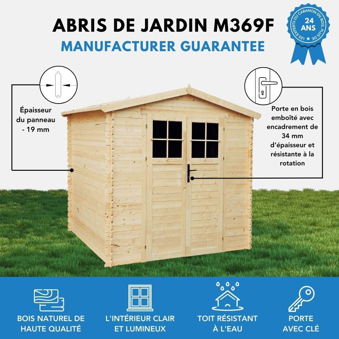 TIMBELA - abri de jardin bois, 4,33m², toit étanche, porte sécurisée, M369F+M369G