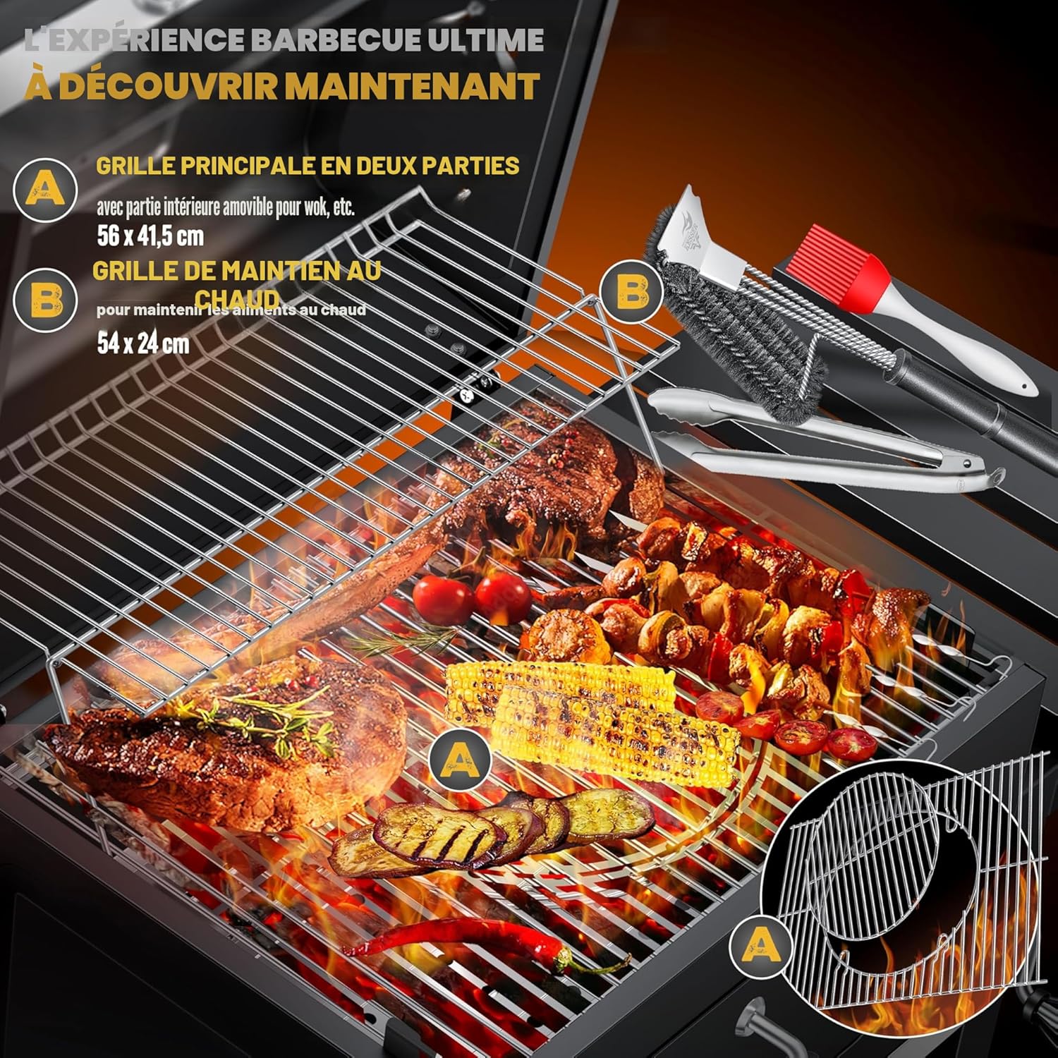 KESSER - Grill Chariot XL - barbecue charbon, couvercle, roues, thermomètre, accessoires