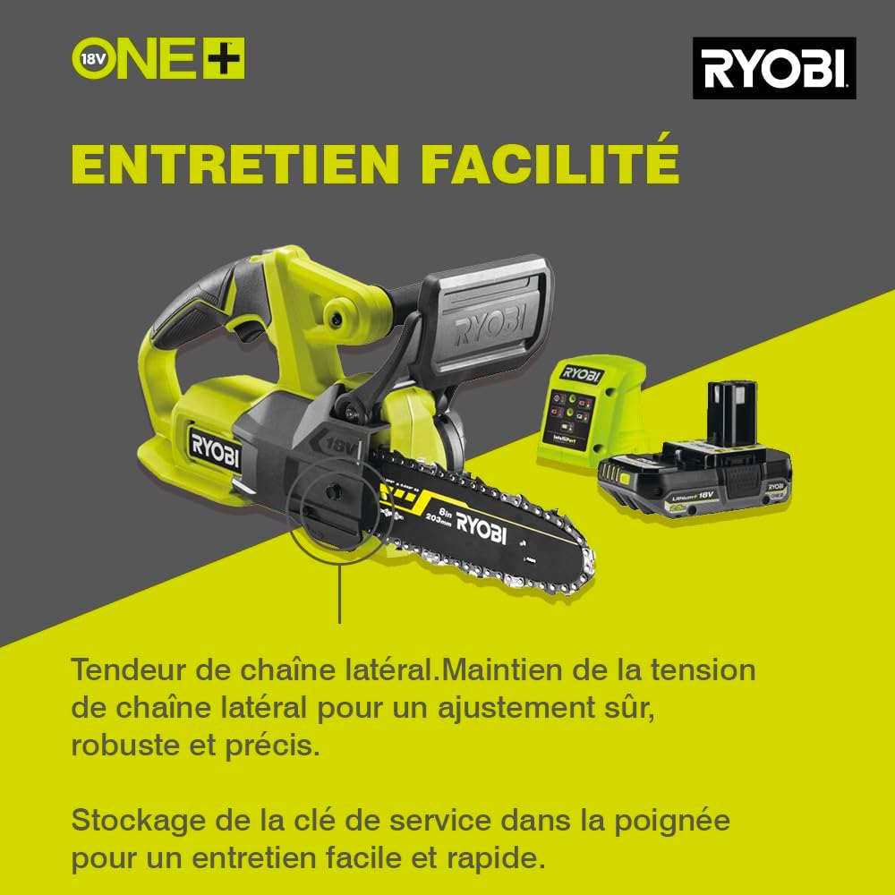 RYOBI - Tronçonneuse Sans Fil 18V ONE+ RY18CS20A-125 – Guide 20 cm, Batterie 2.5Ah + Chargeur, Lubrification Auto, Démarrage Instantané – Coupe Bois, Bûches, Branches, Entretien Jardin