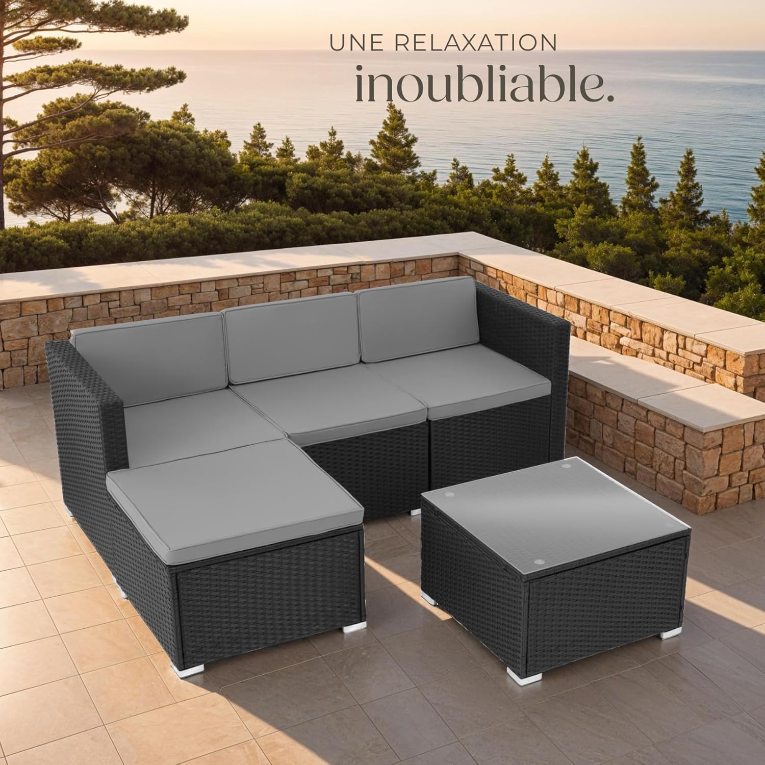 tectake - Salon de jardin modulable 4 places, poly rotin, 3 fauteuils, 1 table, terrasse
