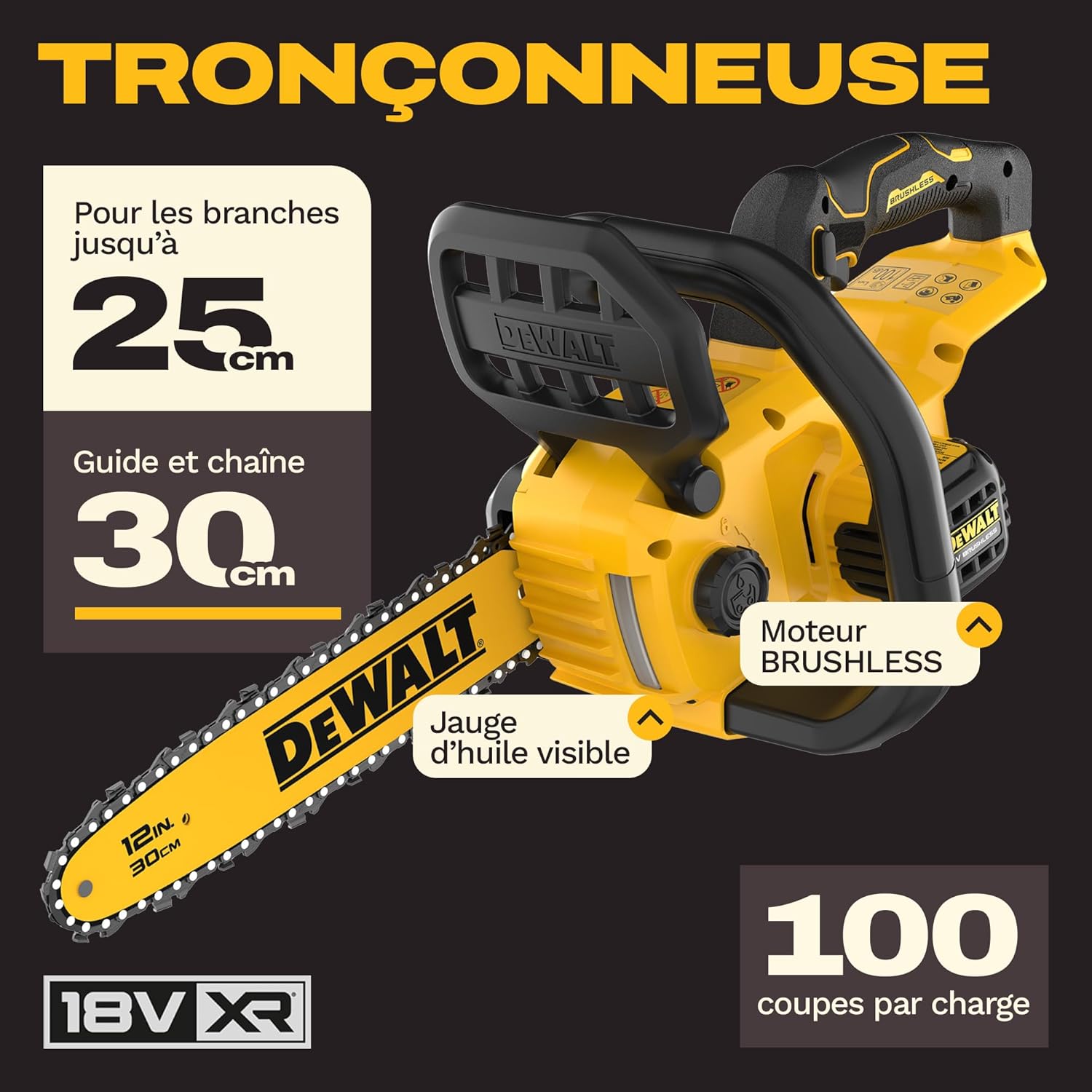 DEWALT - tronçonneuse XR 18V - lame 30cm, brushless, compacte - DCMCS565N-XJ