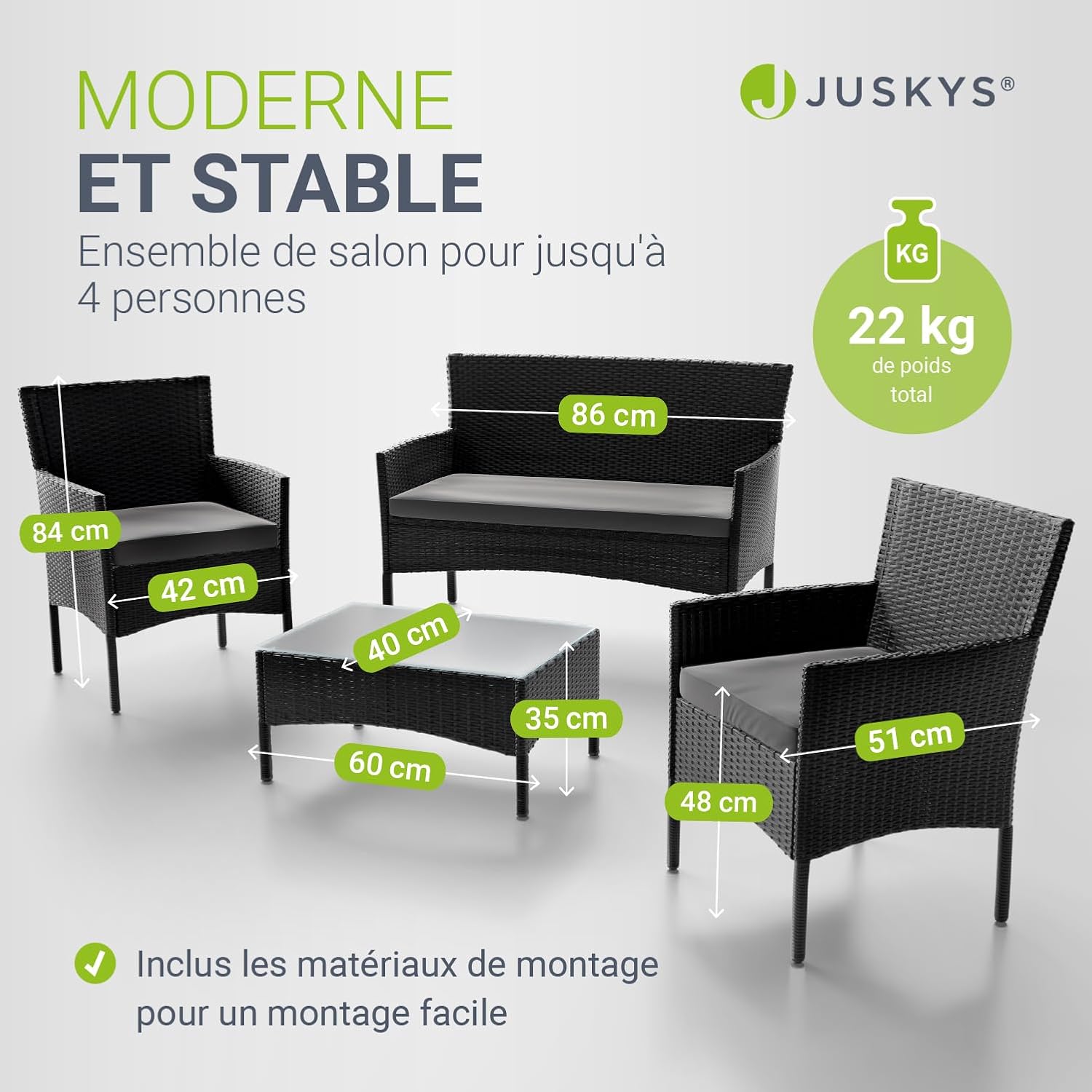 Juskys - Fort Myers salon 4 places - canapé, 2 fauteuils, table, coussins