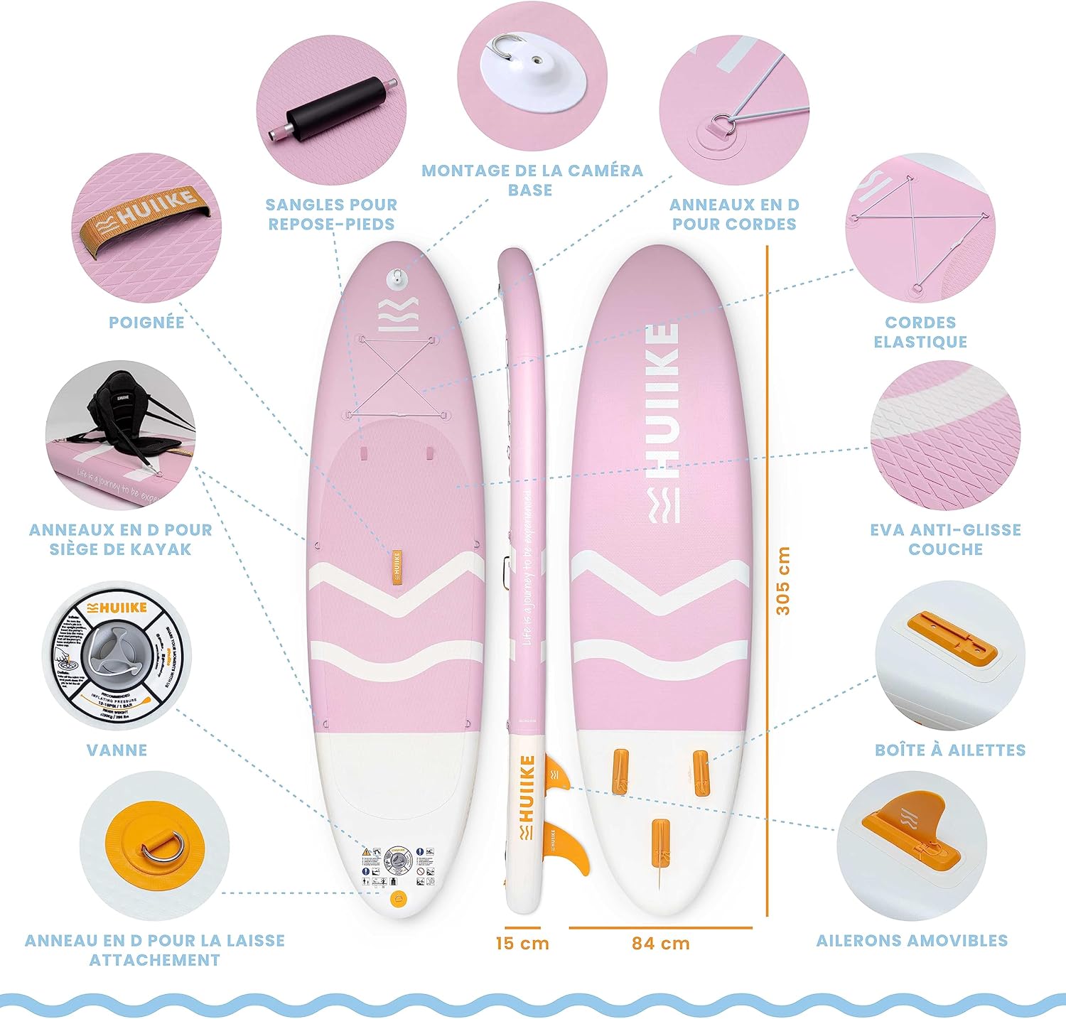 HUIIKE Paddle Gonflable Adulte avec Accessoires Inclus, Pagaie, Ailerons, Pompe. Planche de Stand Up Paddle Grande Stabilité et Résistance. 305 x 84 x 15 cm, Jusqu'à 130 kg