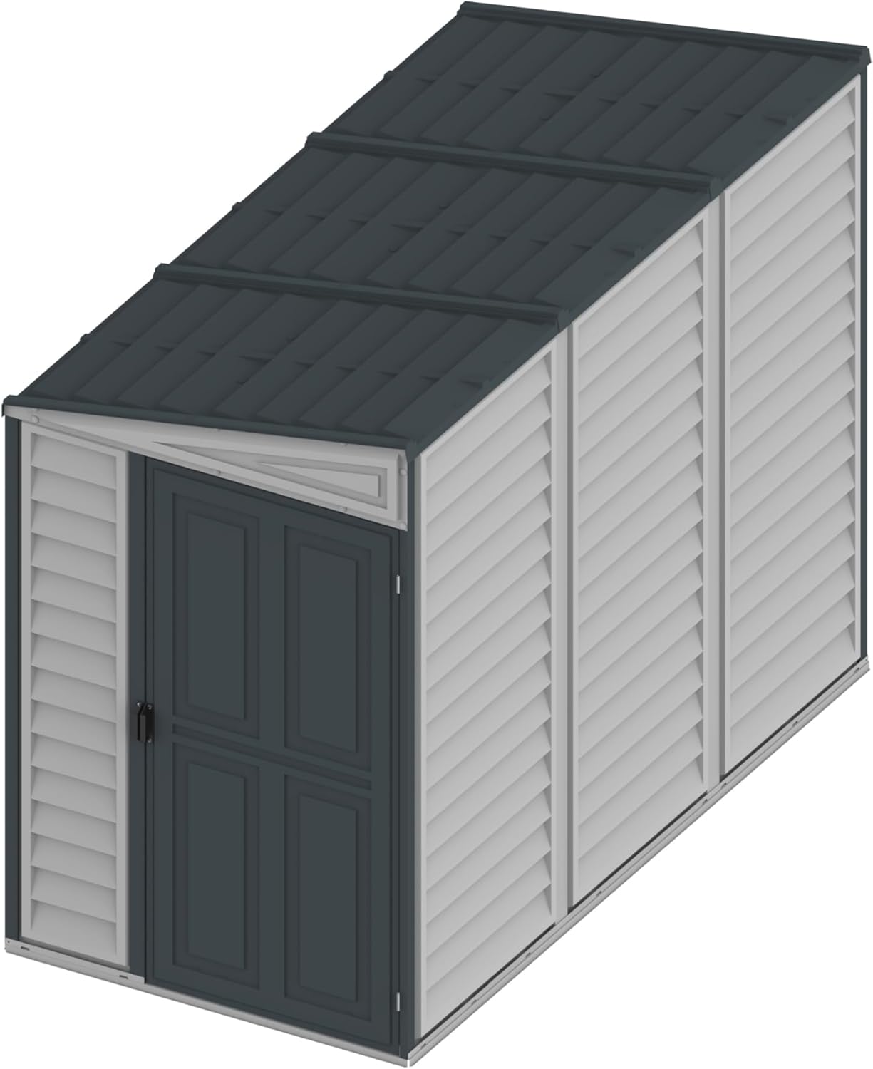 Duramax SideMate PLUS 4 x 8 (2.91 m²) abri de jardin en plastique avec kit de fondation en métal, porte réversible, structure de toit en métal robuste, abri en vinyle sans entretien, Gris foncé/ Adobe