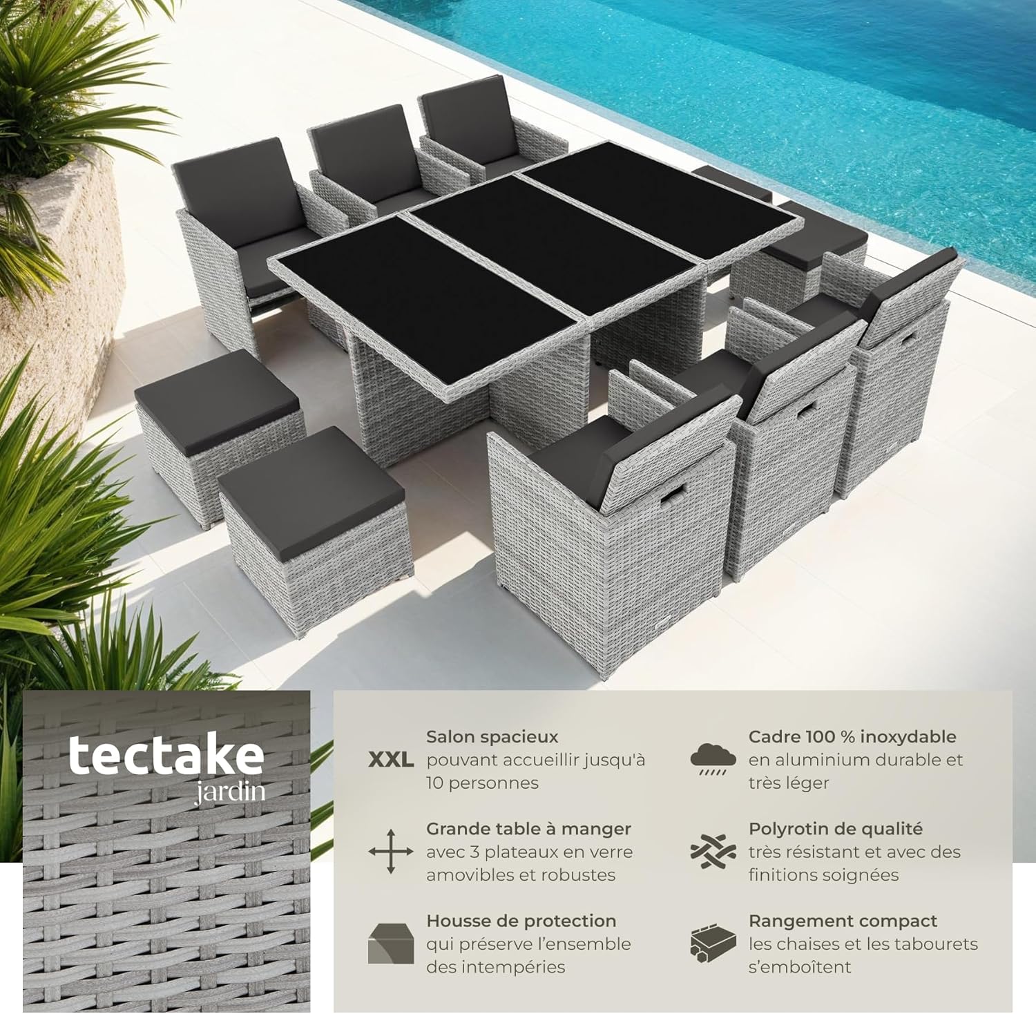tectake - Salon de jardin 10 places, aluminium, résine tressée, housses incluses, gris clair